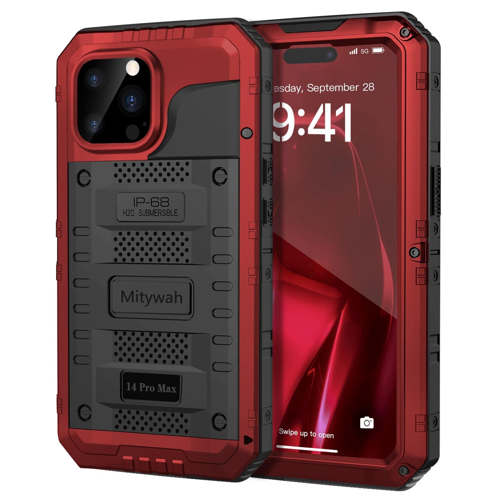 Mitywah Waterproof Case for iPhone 14 Pro Max, Heavy Duty Military Grade Armor Metal Case,Full Body Protective Shockproof Dustproof Strong Rugged Thick Case 6.7 inch, Red
