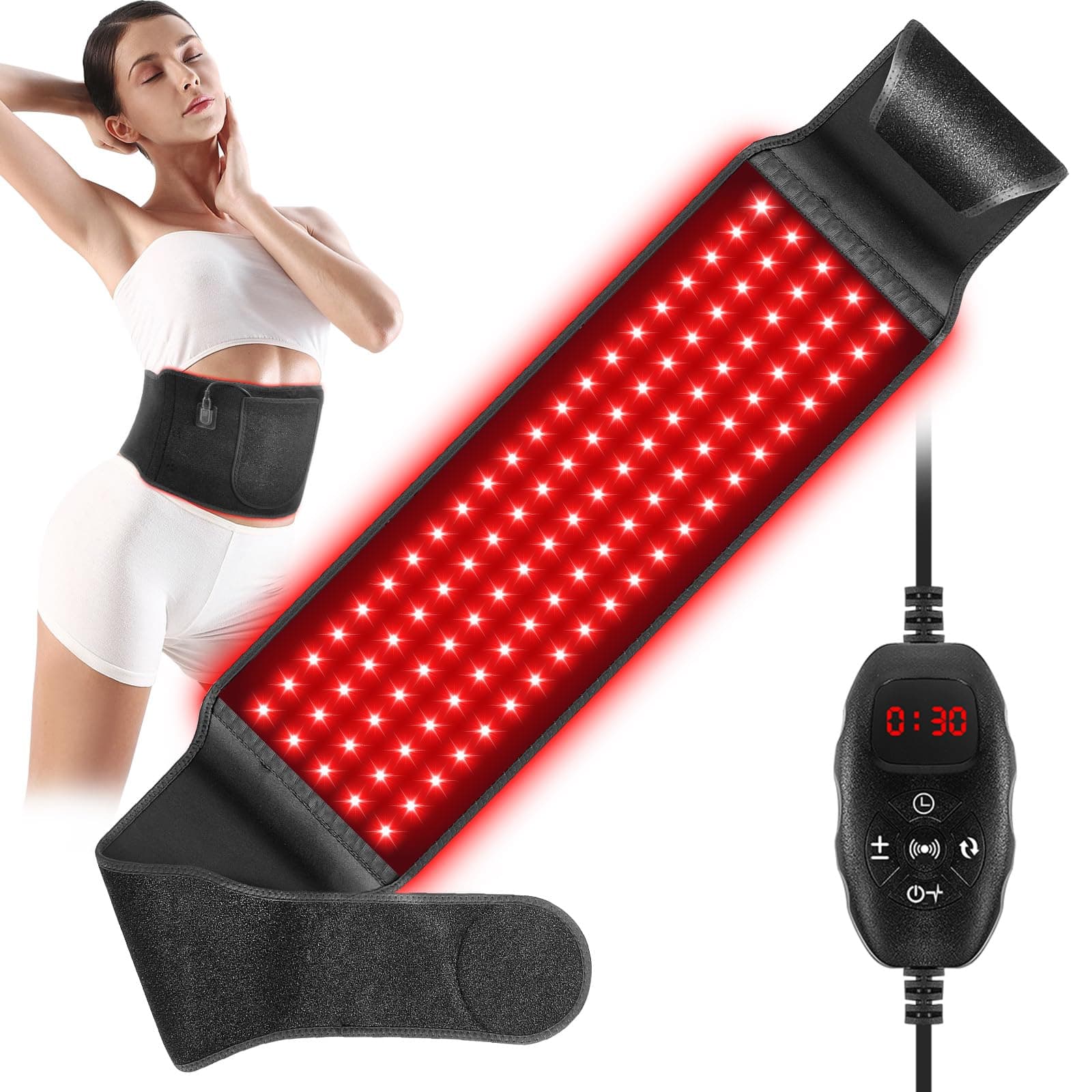 Red Light Therapy Wrap for Body, 660nm&850nm Near Infrared Red Light Therapy Belt with Vibration & Pulse, Heating Pad Device for Back Shoulder Waist Muscle Pain Relief at Home Travel Office (Black)