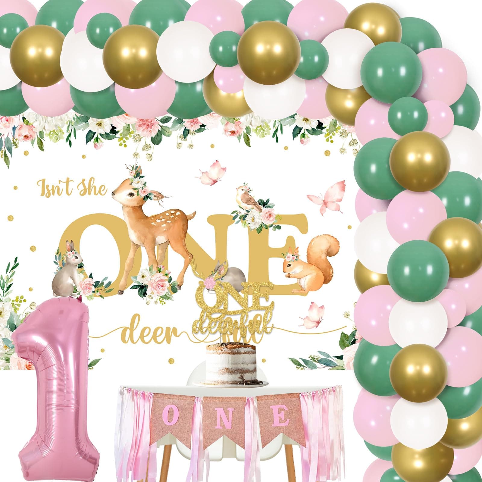 Balterver Deer 1st Birthday Decorations for Girls Sage Green Pink One Deerful Birthday Balloon Garland Kit with Isn't She Onederful Birthday Backdrop Onedeerful Birthday Cake Topper High Chair Banner