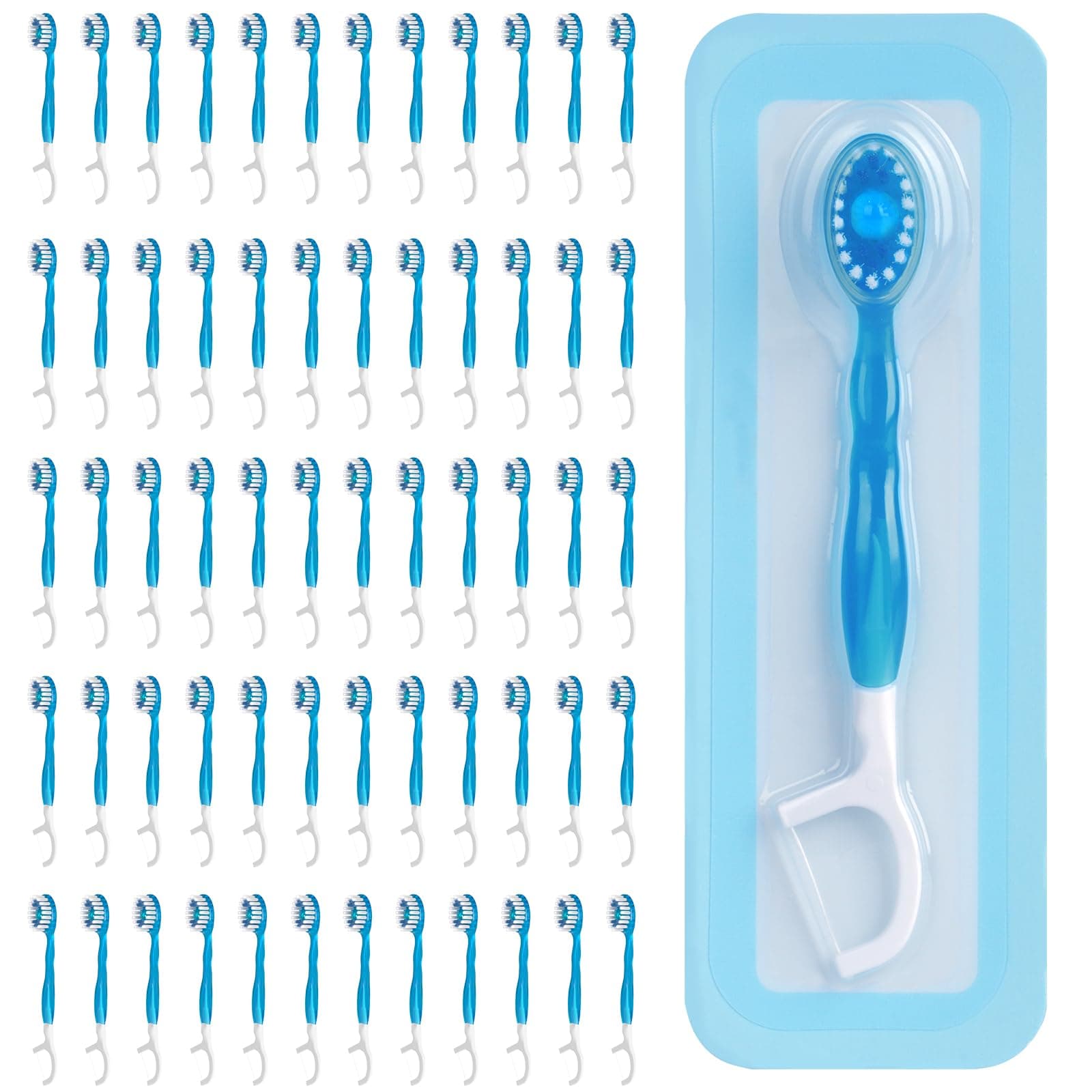 Kucbraly 60 Count Disposable Mini Travel Toothbrushes Individually Wrapped, 5-in-1 Pre-Pasted Mini-Brush+Floss+Pick+Tongue Scraper, On The Go Portable Toothbrush with Freshening Bead, Coolmint