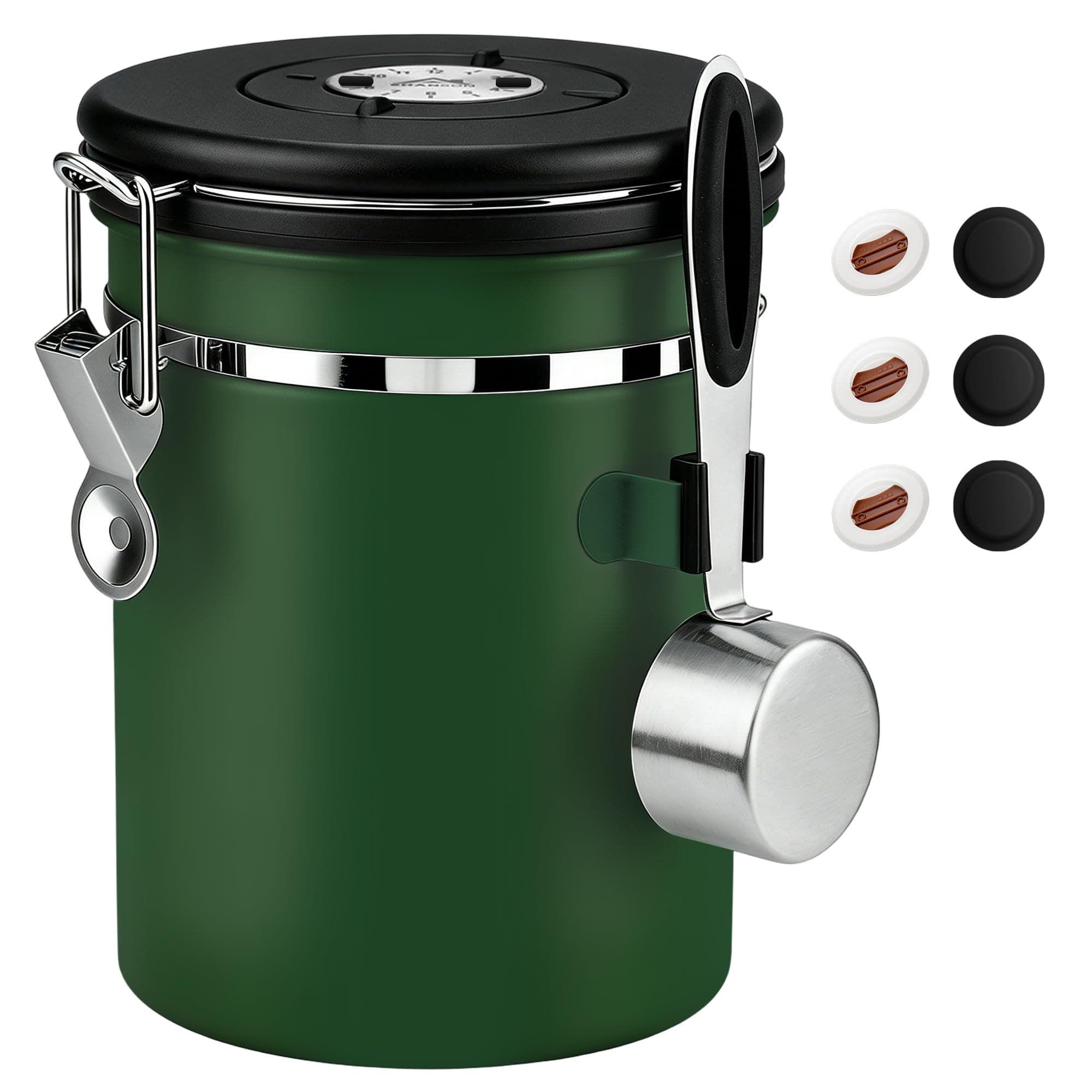 ShanSon Coffee Canister Airtight, Stainless Steel Bean Storage Container with Date Tracker & Scoop, Grounds Sugar Flour Tea Cereal Fits Kitchen Pantry, Ideal Gift for Coffee Lovers,22oz, Dark Green
