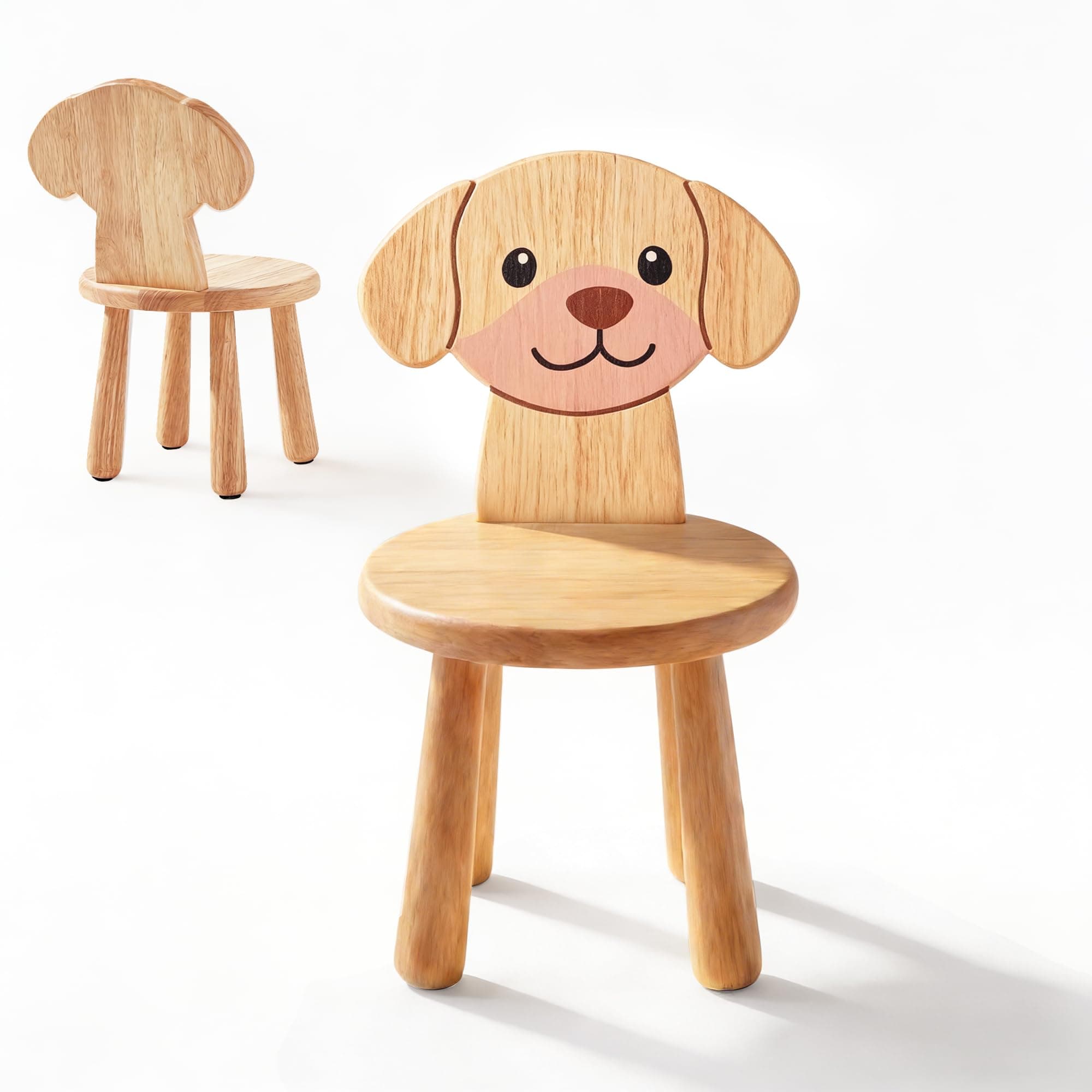 Wooden Step Stool for Toddlers, 2-in-1 Kids Stool & Chair with Cartoon Puppy Design, Solid Rubberwood, Non-Toxic Wood Wax Oil, CPC Certified 250 lbs Capacity, for Classroom Playroom Nursery