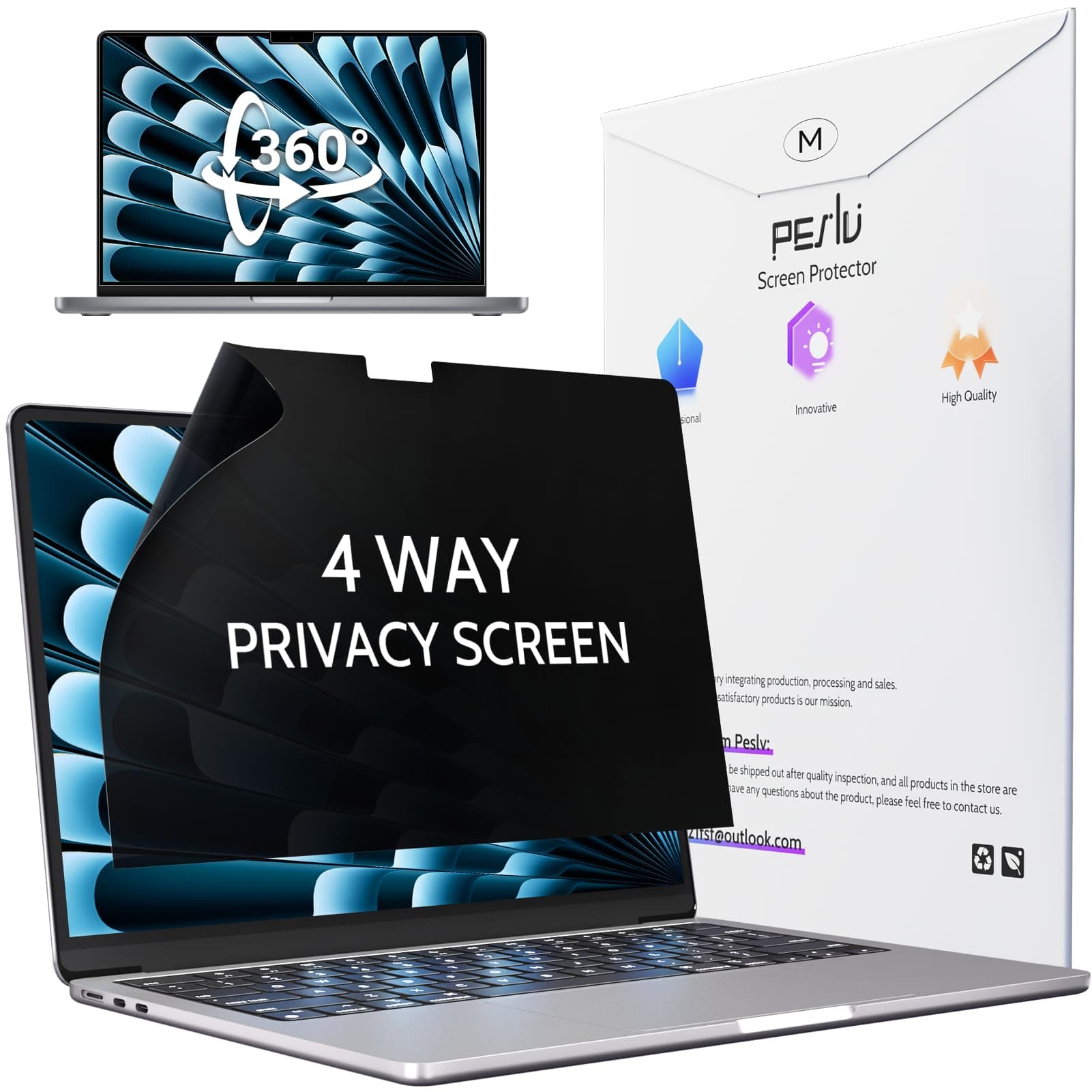 Peslv 360° 4 Way Privacy Screen for MacBook Pro 14 Inch (2021-2025, M1, M2, M3, M4, M5), Anti Glare Blue Light Spy Filter Private Cover, Bubble-Free Black Security Protector for Mac Laptop