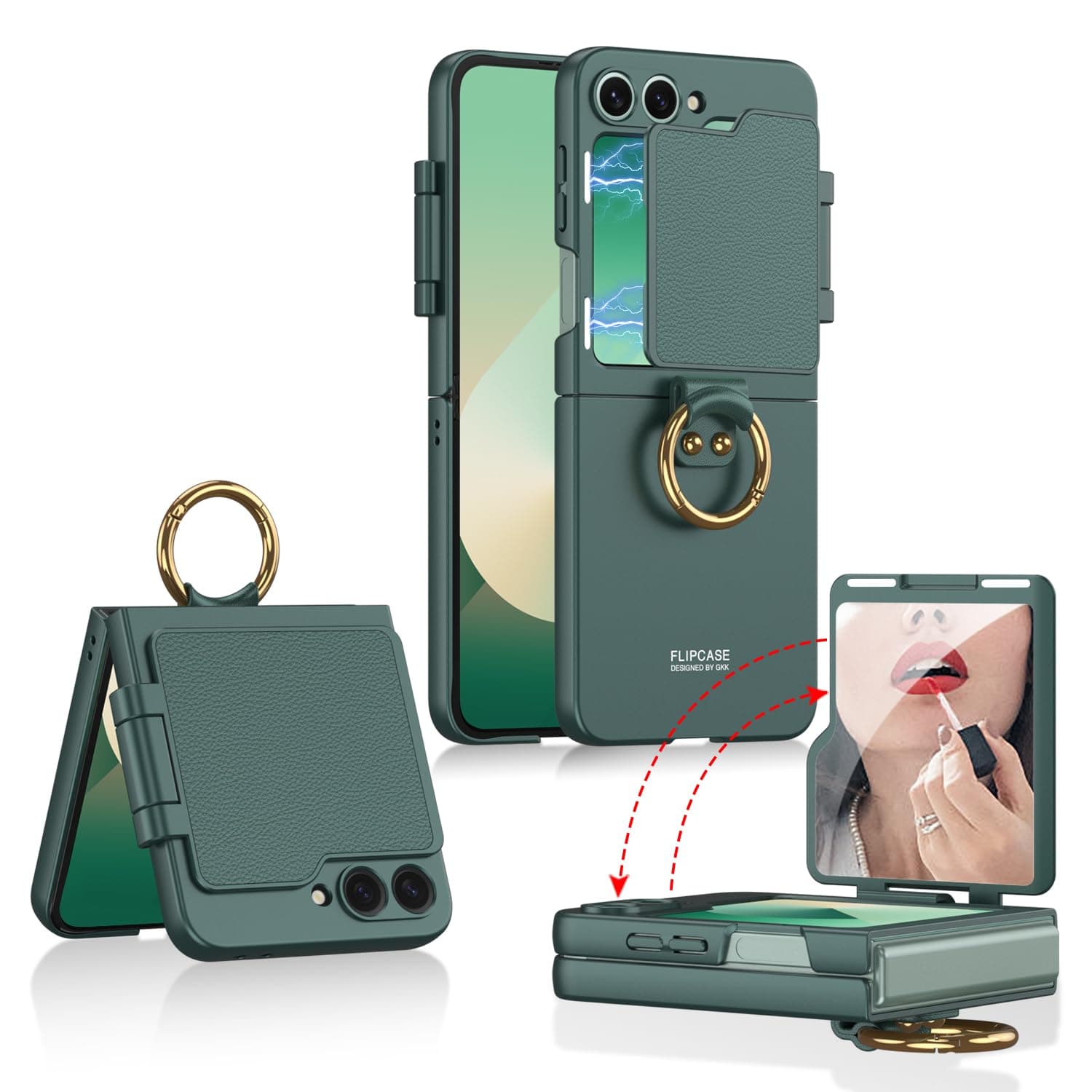 Beauty Mirror Slim Phone Case for Samsung Galaxy Z Flip 6, Magnetic Flap Protective Cover for Flip5, Anti-Drop Shell with Electroplating Ring (Green, for Flip 5)