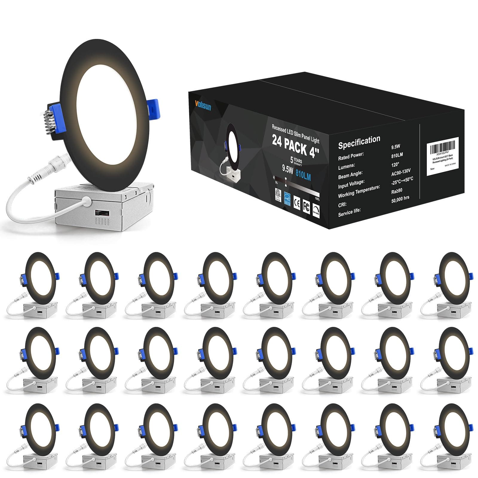 VOLISUN 24 Pack 4 inch Pot Lights Black, 5CCT, 9.5W Eqv 80W, 810LM