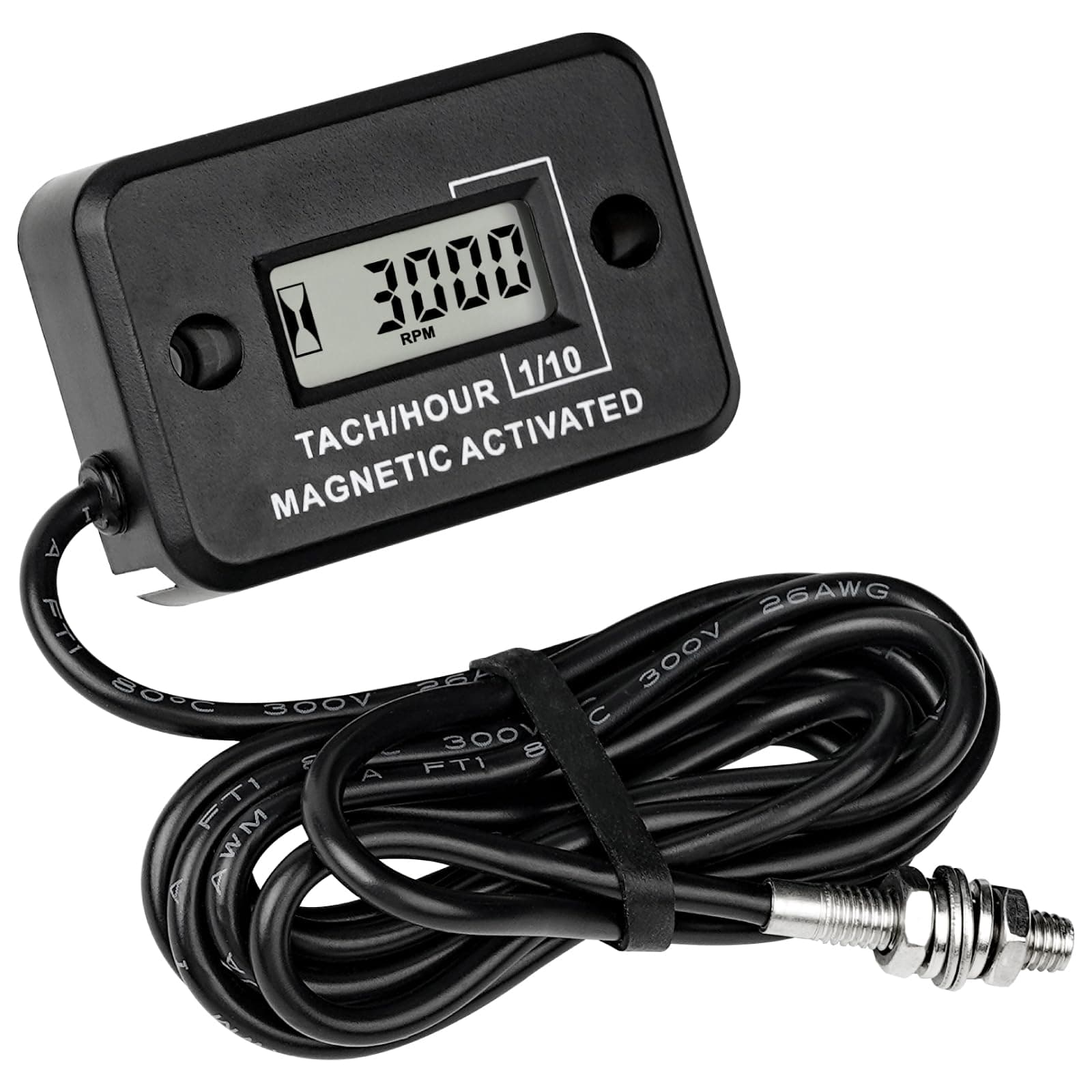 Taikemeti LCD Digital Tachometer Hour Meter Magnetic Sensor Probe Detects Chainsaw Lawnmower Snow Blower Tractor Work RPM and Time.