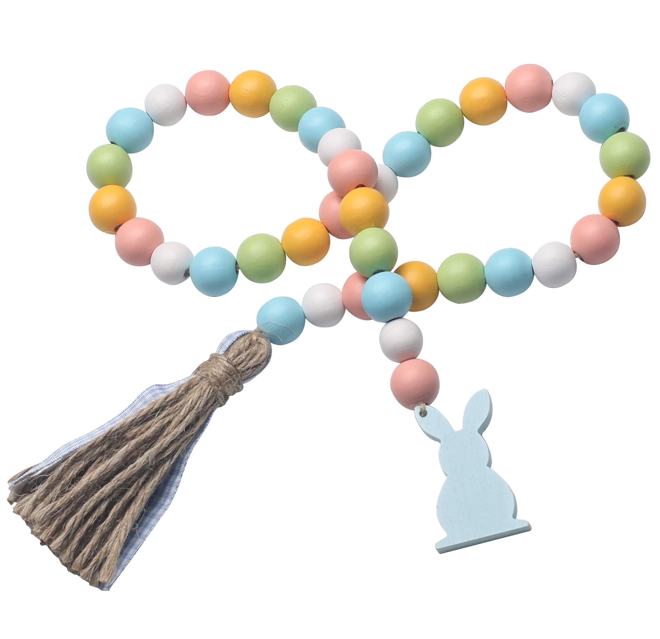 Spring Wood Bead Garland with Tassels and Bunny Tag Farmhouse Rustic Colorful Wooden Beads for Tiered Tray Decorations Holiday Country Rustic Prayer Boho Beads Rae Dunn Shelf Décor (Blue)
