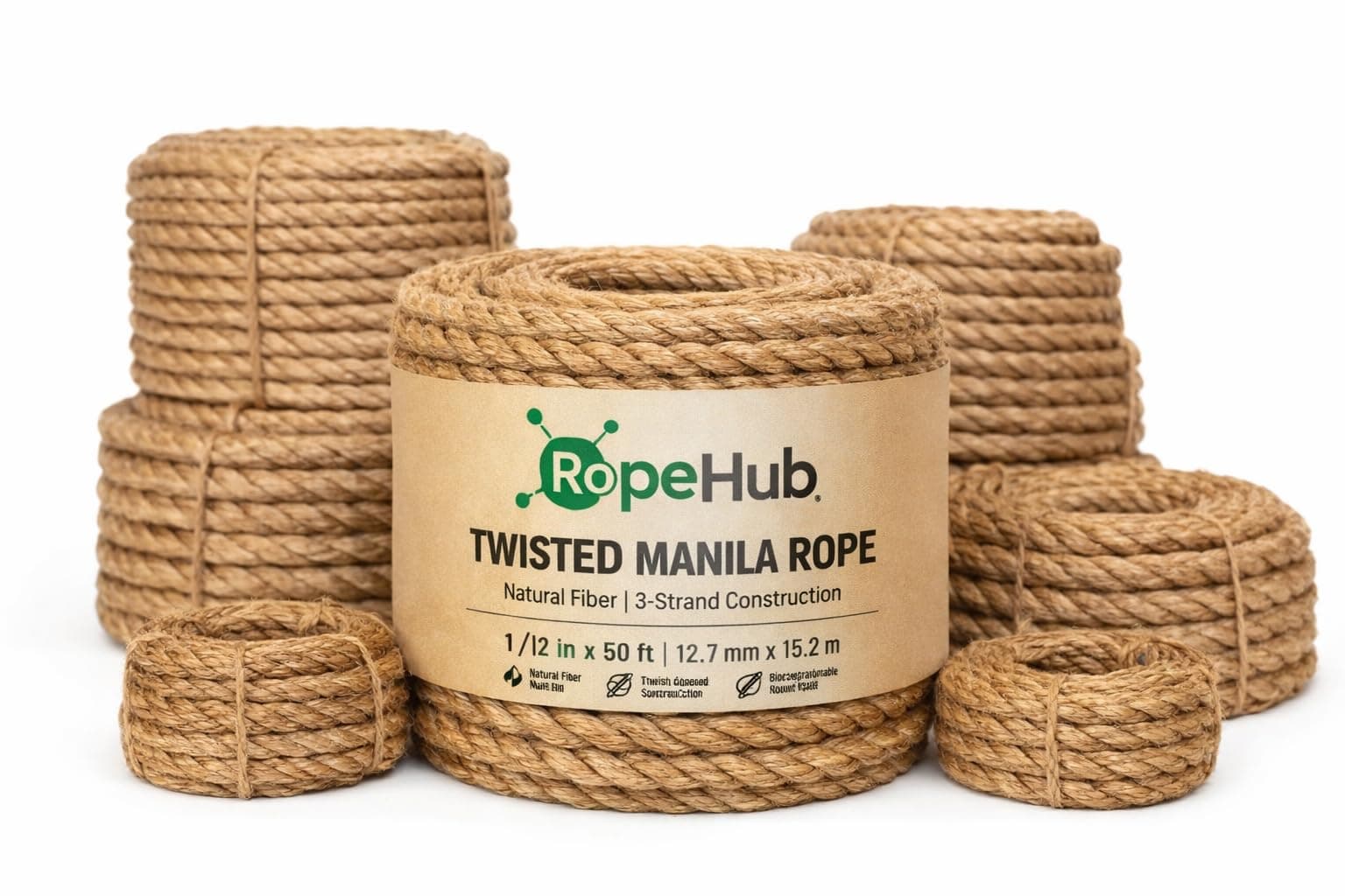 Twisted Manila Rope, Natural 3-Strand Fiber Rope for Landscaping, Decor, Railings, DIY Projects & Utility Use, Rustic for Indoor & Outdoor Applications - 5/8 in x 50 ft