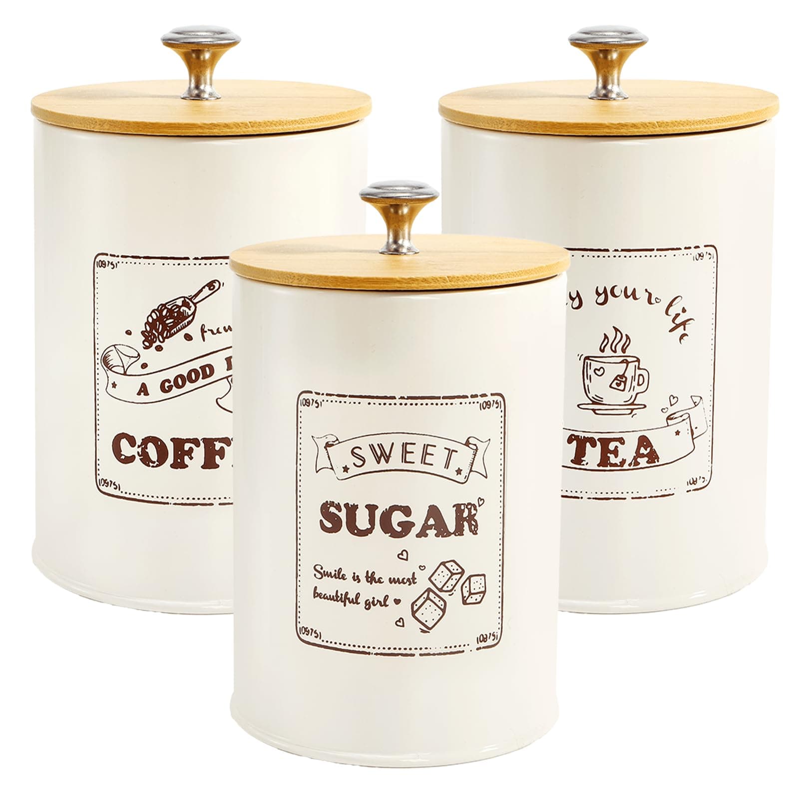 YOUEON Metal Canisters Sets for the Kitchen, 40 Oz Coffee Sugar Tea Container Set, Farmhouse Style, Food Storage Containers with Lids for Countertop, Cabinet, Coffee Bar Decor, Beige