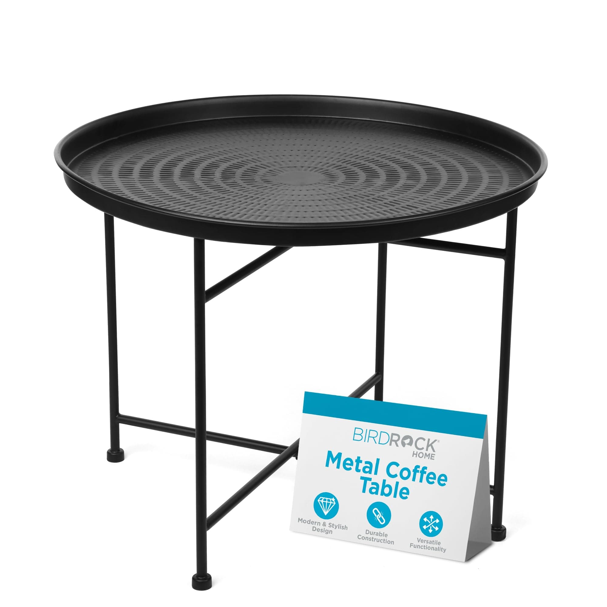 BIRDROCK Home Metal Coffee Table Small Black Side Table Circle Accent Table for Bedroom Living Room Corner Spaces Hammered Round Minimalist End Table Black Iron, 24.75" D x 19" H, Lightweight 7.5 lbs