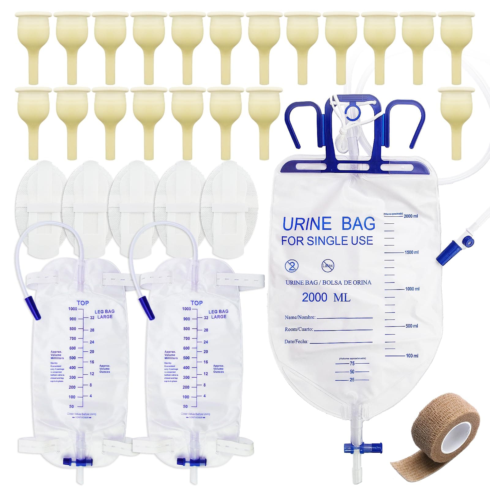 Condom Catheters for Men Overnight,20pcs Latex Sets,1pcs 2000ml Catheter Bags,2pcs 1000ml Leg Urine Drainage Bags,5pcs Catheters Stabilization Device,1Tapes(1.38inch/35mm/Large Size)