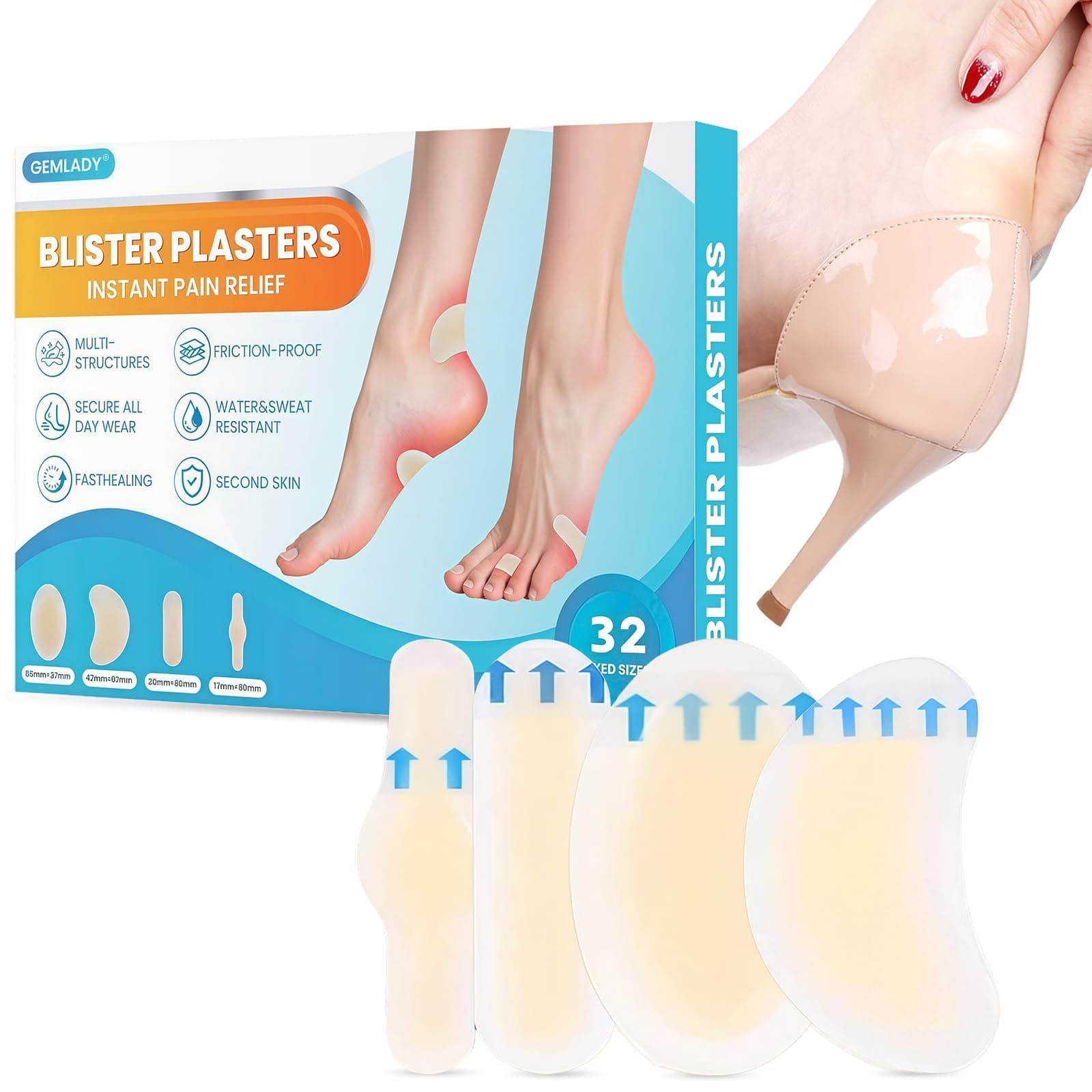 Gemlady Blister Bandages for Feet, 32ct Hydrocolloid Bandages for Blister Prevention & Recovery, Waterproof Gel Blister Pads for Foot,Toe,Heel - Travel Essentials, Variety Pack, 17/20/37/42 mm