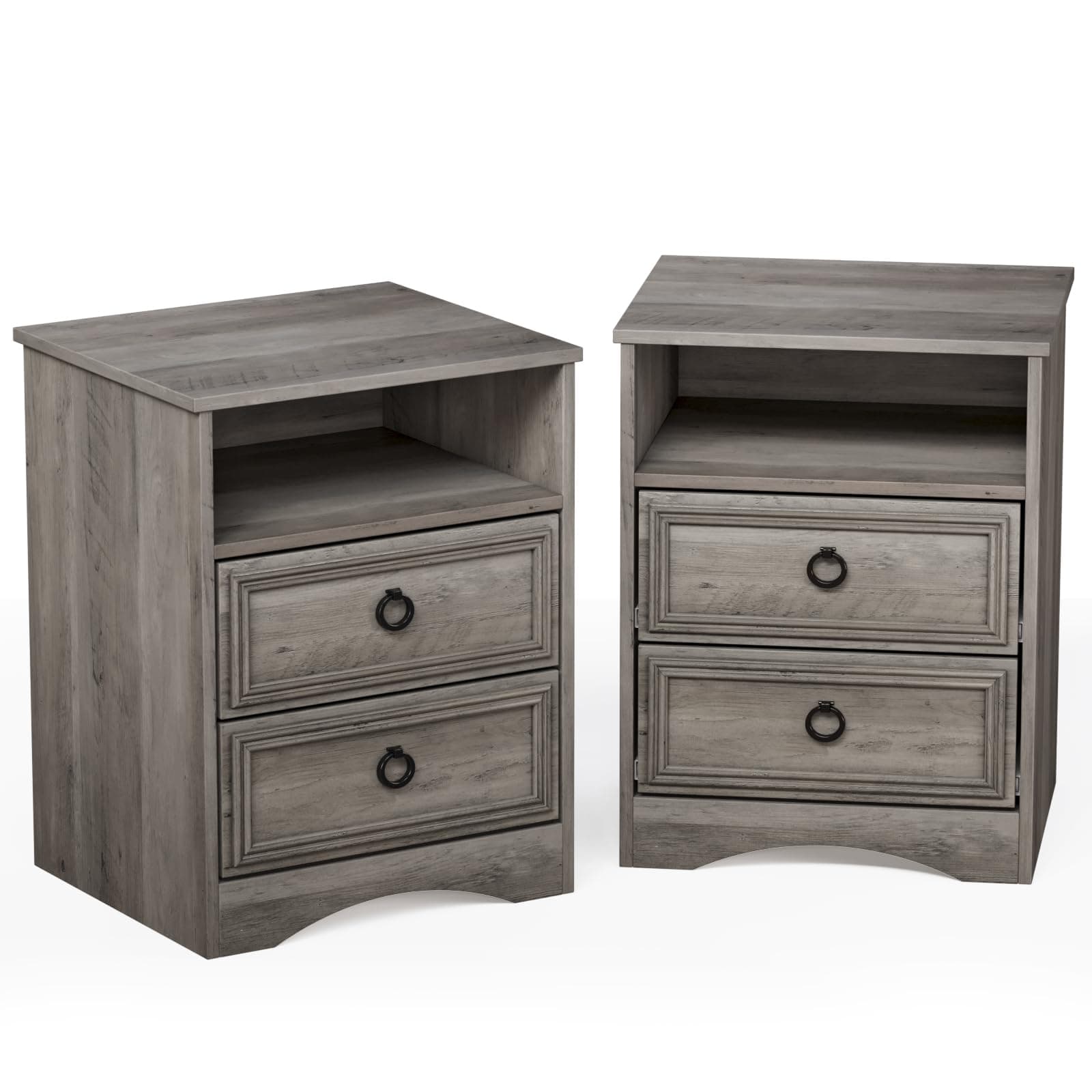 Set of 2 Night Stand with 2 Drawers, 17.7" W Nightstand with Drawers, Large Accent Bed Side Table and End Table with Large Open Compartment for Bedroom, Living Room,Gray