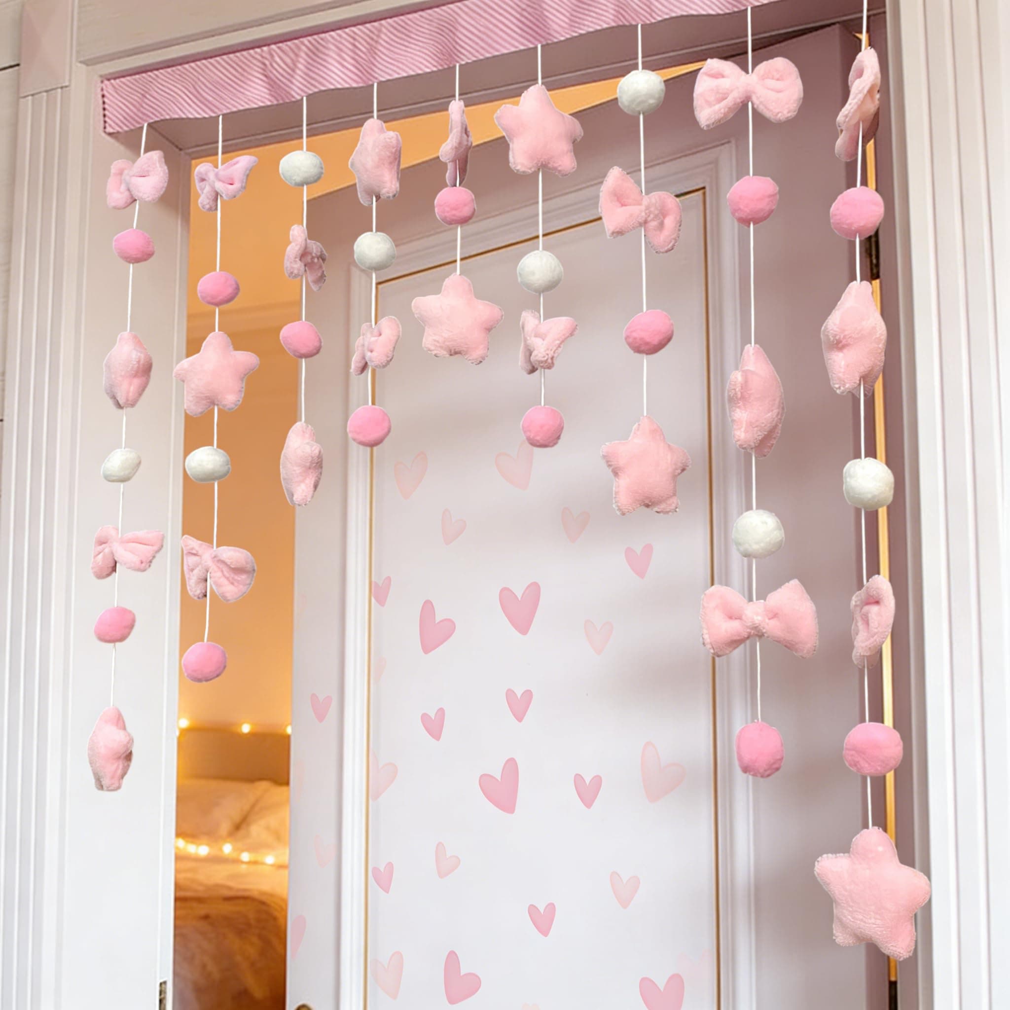Gtsrlp Kawaii Plush Door Curtain and 80pcs Pink Heart Shape Wall Stickers, 33" W x 28" L Self-Adhesive Arc Design, Pastel Stars Bows for Girls Room, Bedroom, Nursery, Window Decor, Pink