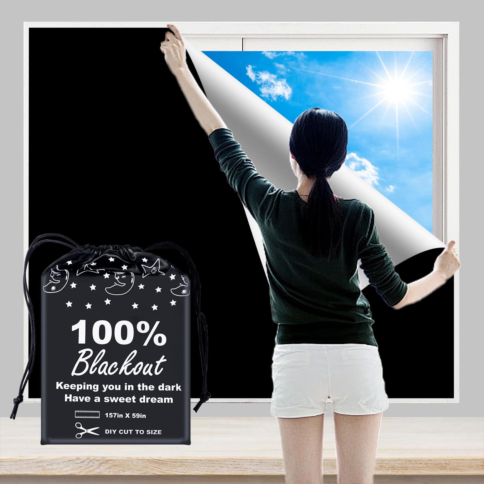 100% Blackout Blind Curtains Window Cover [400cm x 150cm XXL ] [DIY Cut to Any Size or Shape] [Hook & Loop Tabs][ Portable Bags for Travel] [Light & UV Blocking ] for House,Baby Nursery,Apartment