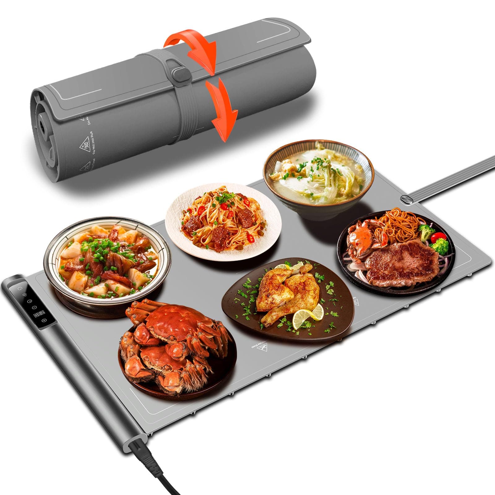 Warming Mat for Food, 500 W Silicone Electric Warming Tray (24"x16") with 8 Temperture Settings & 1-6h Timer, Portable Foldable Heat Pad for Dinner Serving and Buffet Party (Dark Grey)