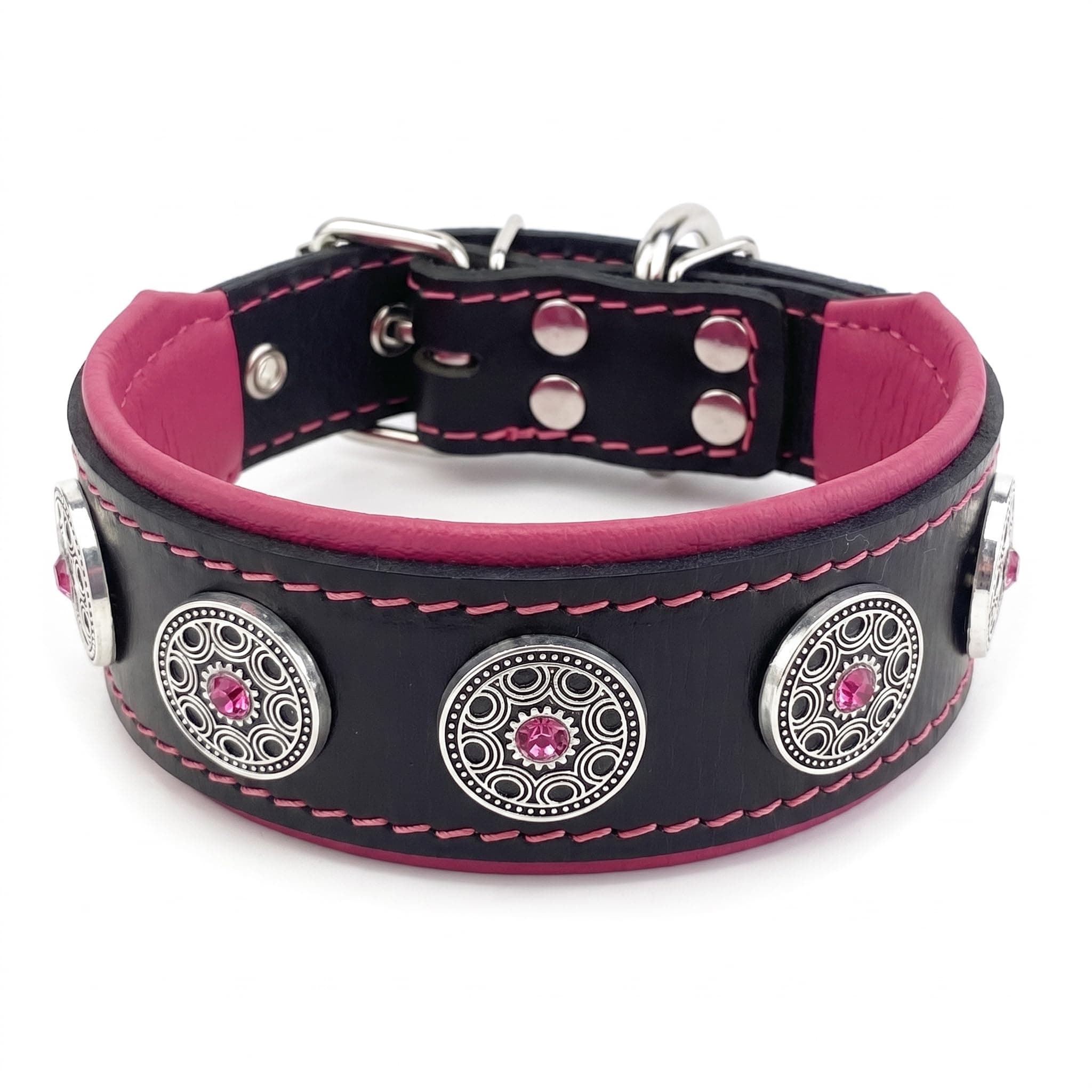 Bestia Bijou Handmade Dog Collar. Studded. French Bulldog, Bulldog, Terrier, German Shepherd, 2 inch Wide, 100% Leather, Soft Padded, Medium Sized, Made in Europe