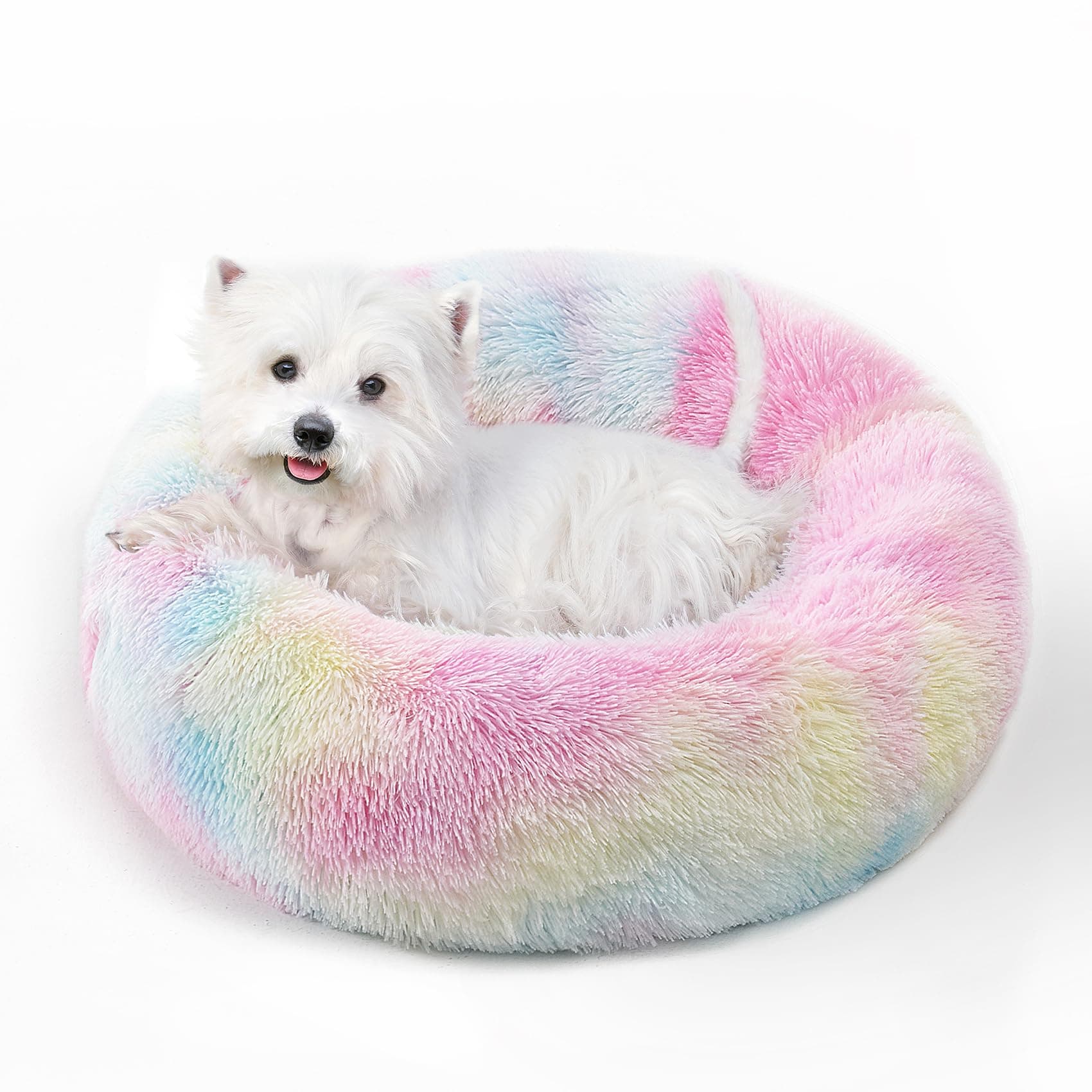 Calming Dog Bed & Cat Bed with Anti-Slip Bottom, Medium Size Washable Anti-Anxiety Donut Dog Beds for Small Dogs & Cats, Fluffy Plush Cozy Round Dog Bed(20 Inch, Rainbow)