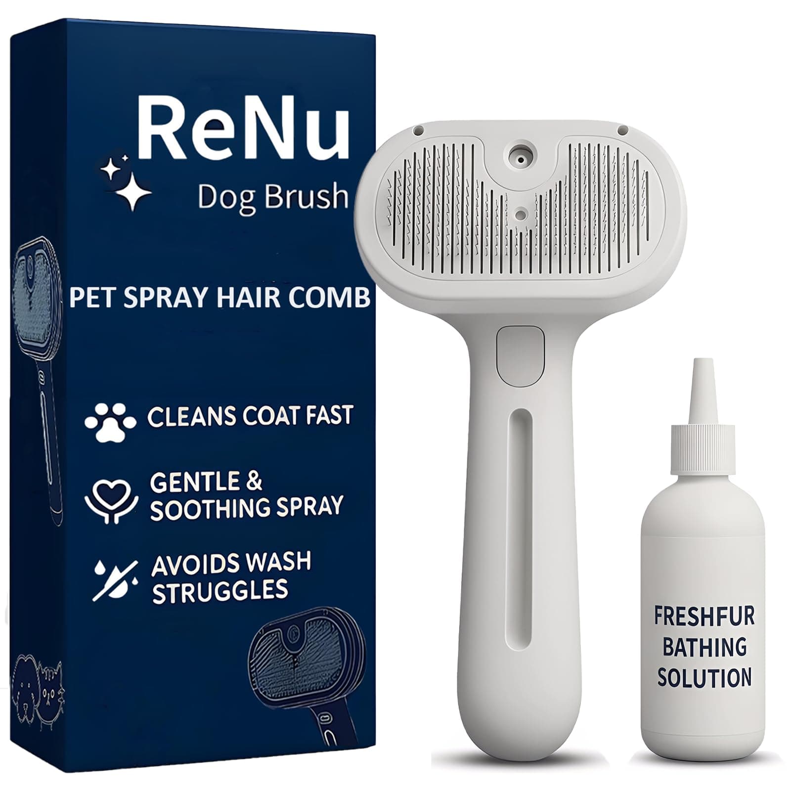 Renu Dog Brush 3-in-1 Self-Cleaning Pet Steam Brush, Fresh Fur Shower Brush for Dogs & Cats That Removes Loose Hair & Reduces Shedding, Deshedding Grooming Tool for Long Short Hair (White)