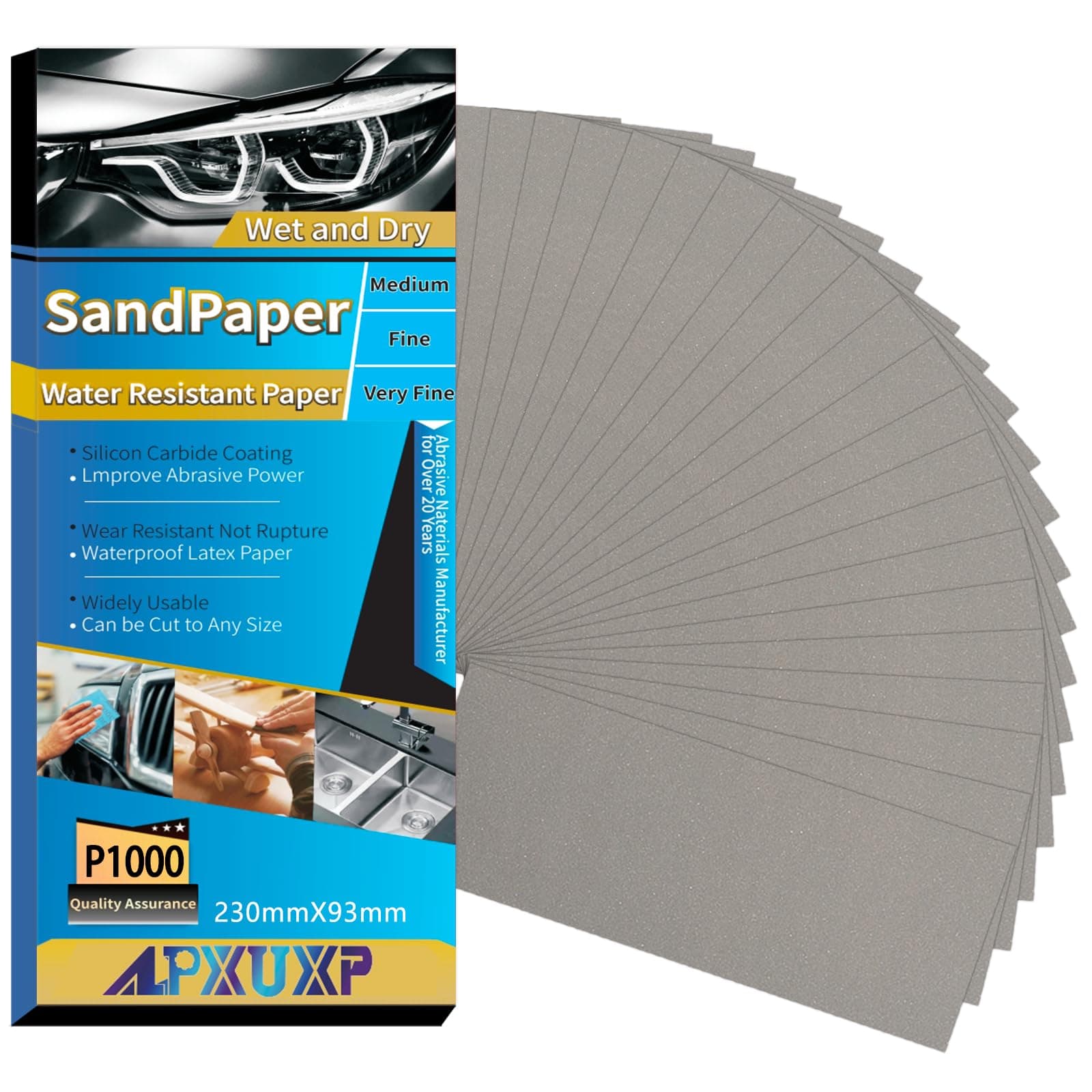 ALPXUXP Wet Dry Sandpaper 1000 Grit Waterproof Sand Paper Sheets 9x3.6 Inch Sanding Paper for Wood Metal Automotive Polishing（30Pcs）