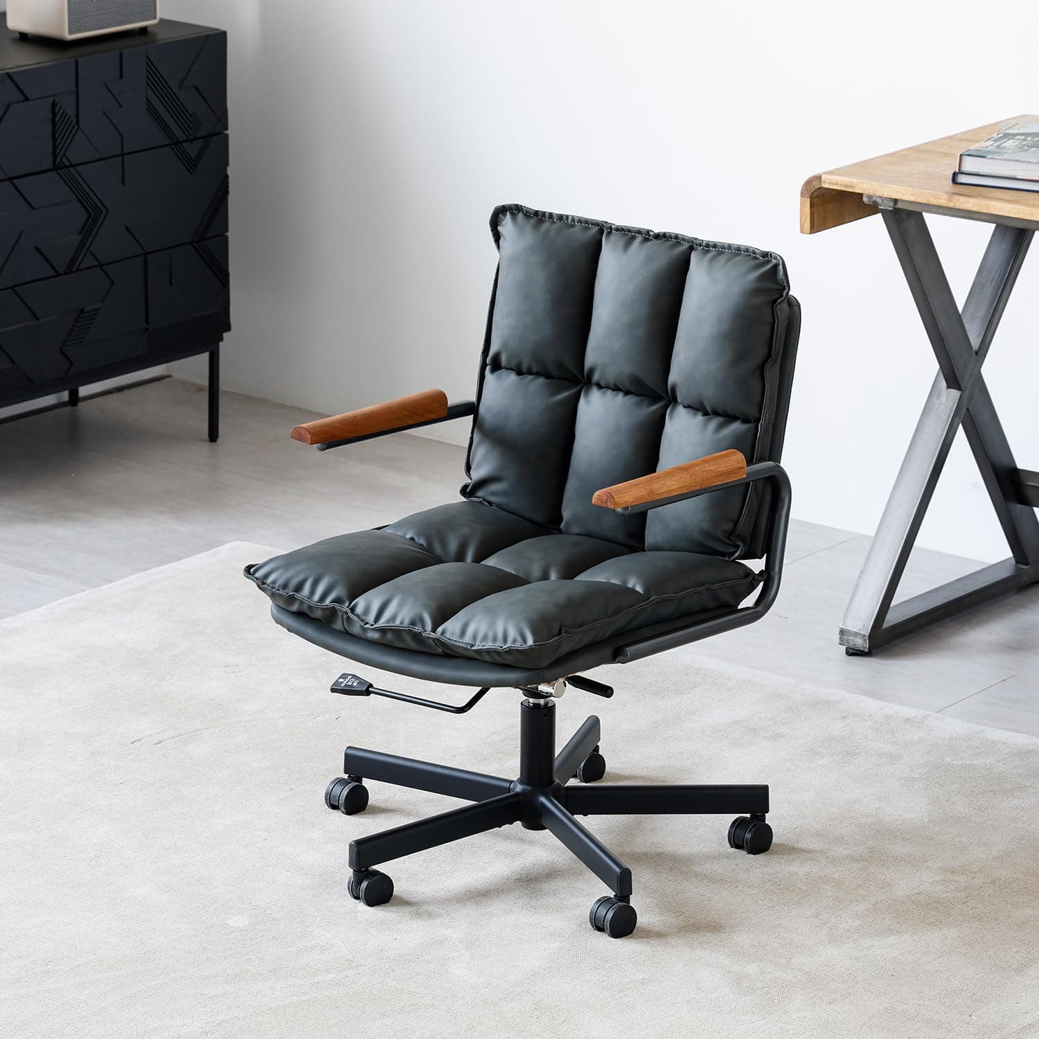 PELLEBAR Home Office Chair, Ergonomic Mid-Century Modern Faux Leather Chair with Oak Armrest, Comfy Mid Back Swivel Executive Task Armchair, Charcoal Gray