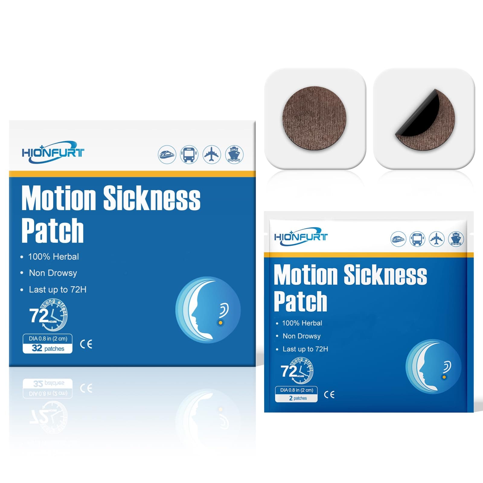 Hionfurt 32 Count Motion Sickness Patches for Cruise and Car, Ships,Airplane and Other Forms of Movement, Sea Sickness Patch Non Drowsy and Effective, Lasting 72H