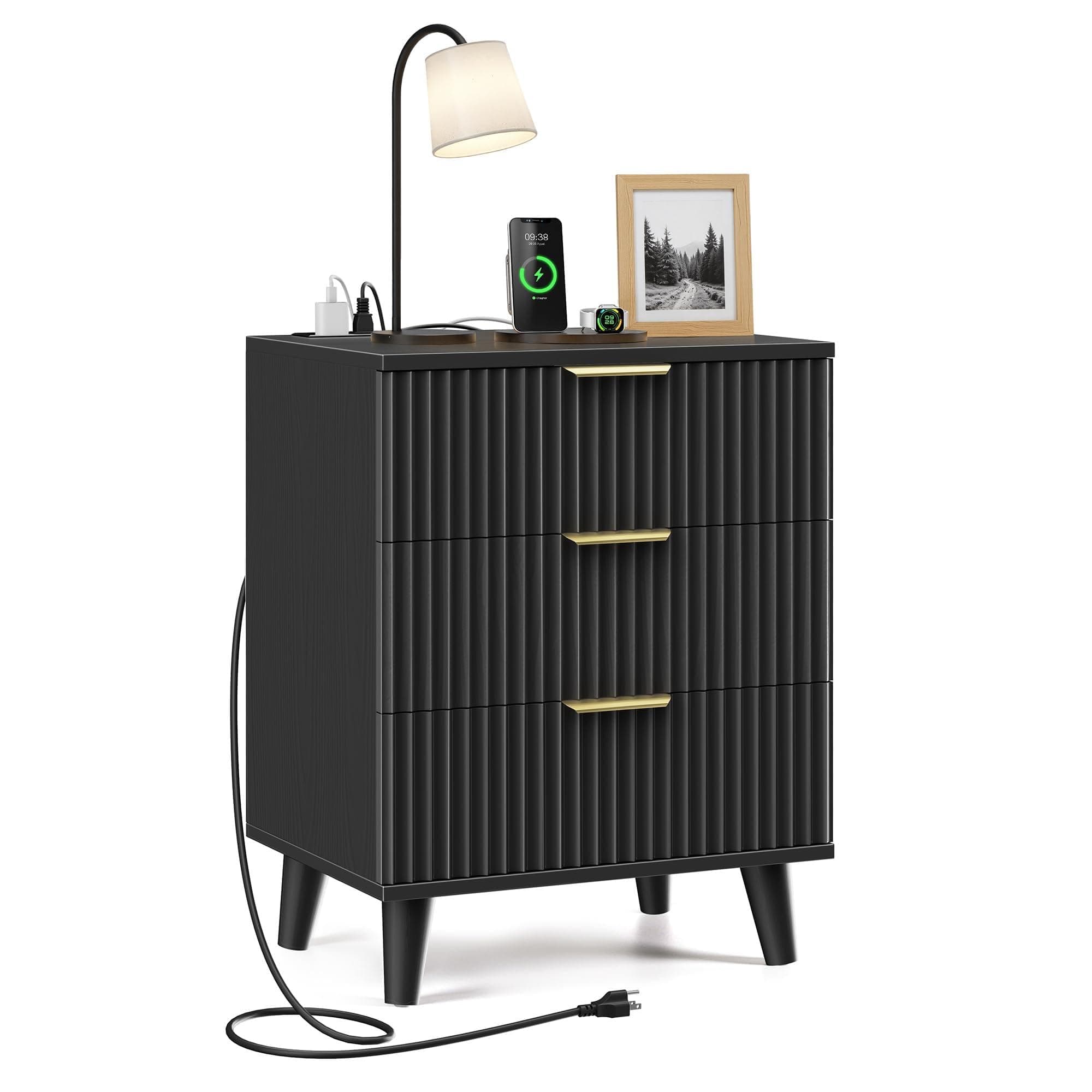 Fluted Night Stand with Charging Station Wood Modern Bedside Table