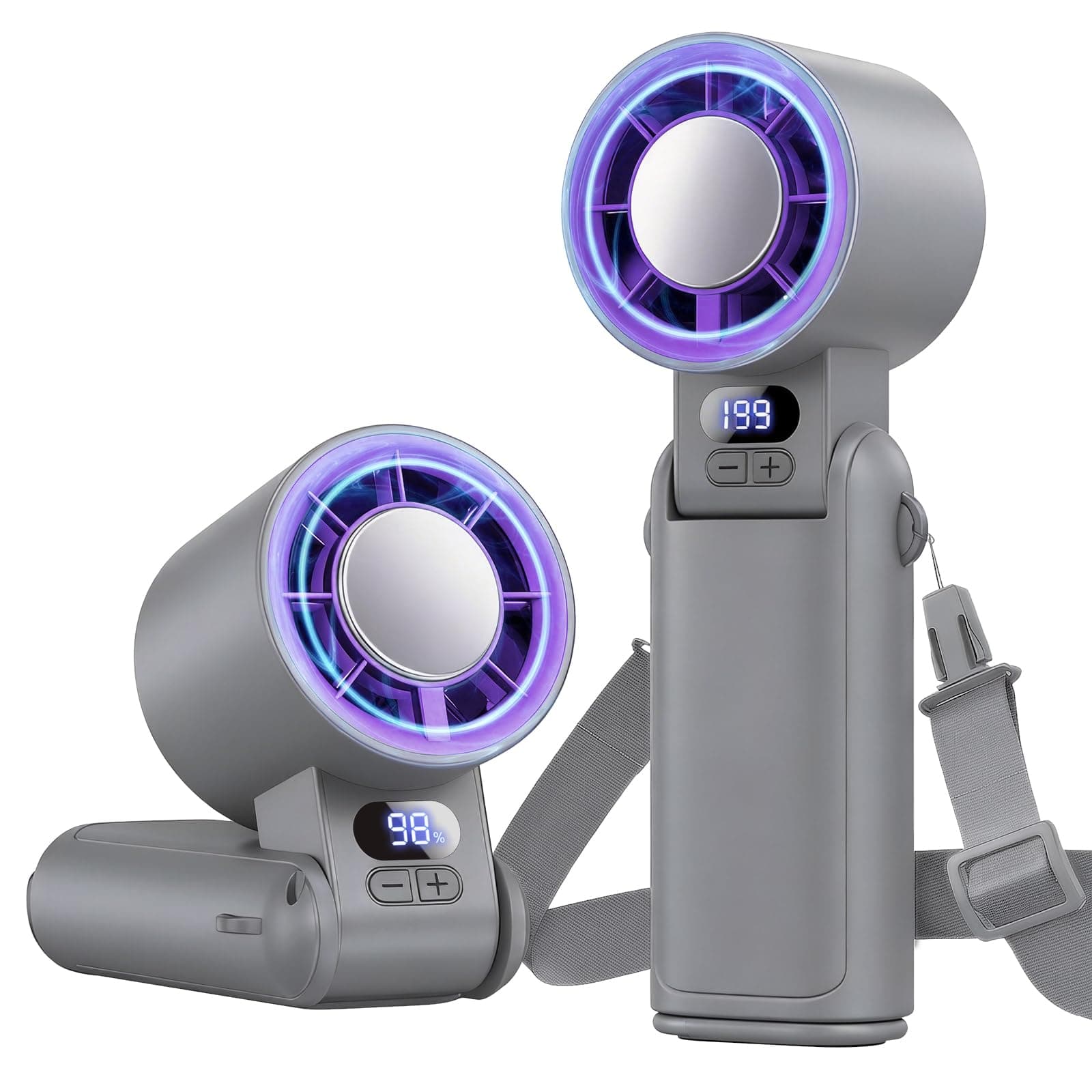 Deyhoc Portable Handheld Turbo Fan, 1-199 Speed Adjustable with LED Display, High-Power Motor, Rechargeable Battery, 4 IN 1 Pocket Design Mini Fans for Indoor/Outdoor/Travel/Work, Grey Purple
