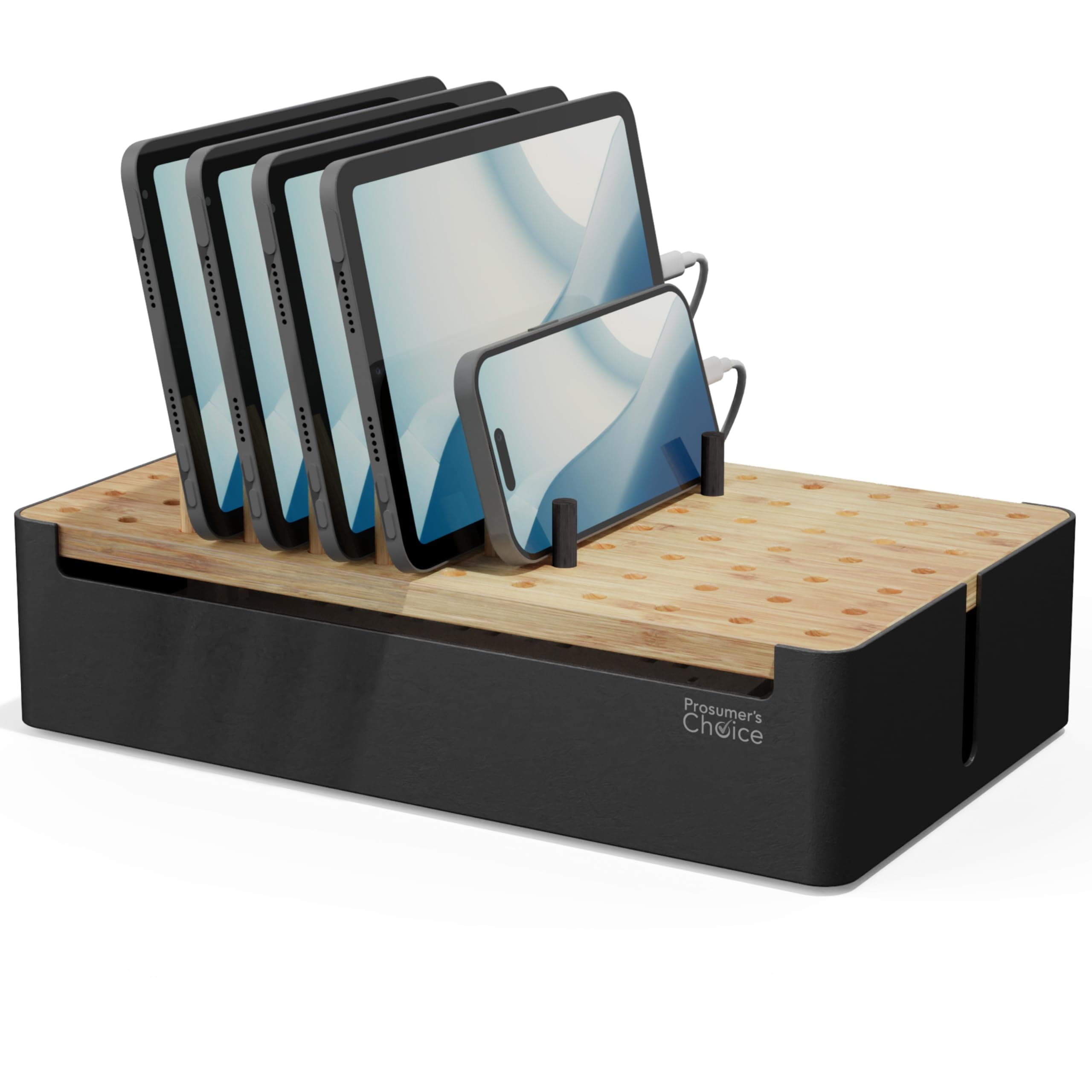 Prosumer's Choice Bamboo Charging Station for Multiple Devices - Wood Device Dock, Organizer Suitable Apple & Android Cell Phone, Tablet, iPad Cables Not Included, Metal & Bamboo Black