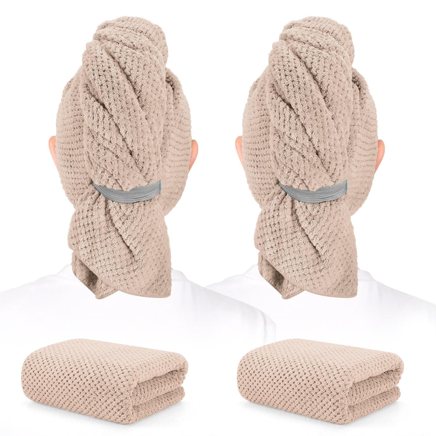 BEoffer 2 Pack Microfiber Hair Towel - 41 x 24 inches Super Soft, Absorbent, Fast Drying Without Frizz Hair Towel Wrap for Women Long, Thick, Curly Hair - Hair Turbans with Elastic Strap