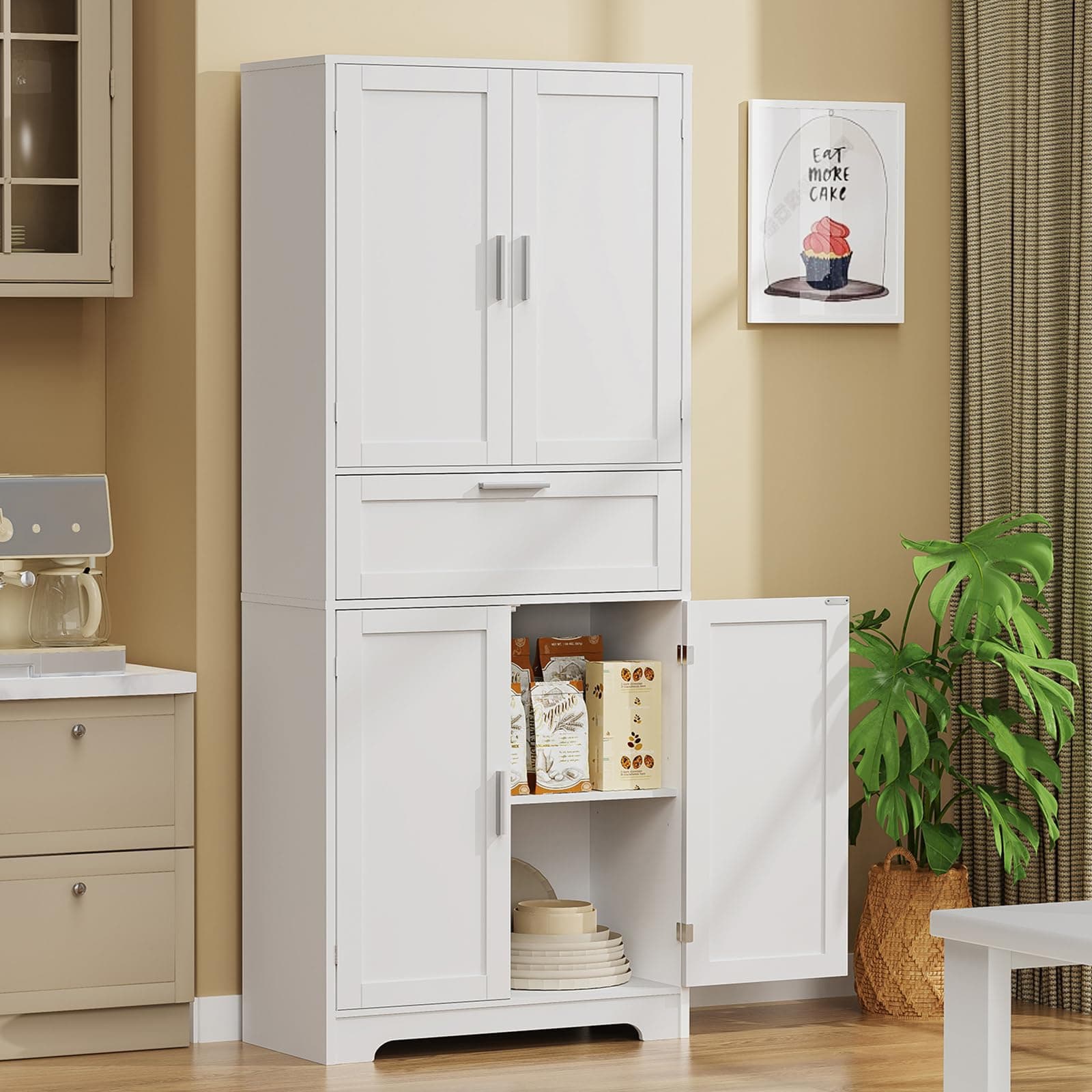 FIONESO 67" Tall Pantry Cabinet, Kitchen Pantry Storage Cabinet with 1 Large Drawer & 2 Adjustable Shelves, Freestanding Cupboard Buffet for Kitchen, Bathroom, White