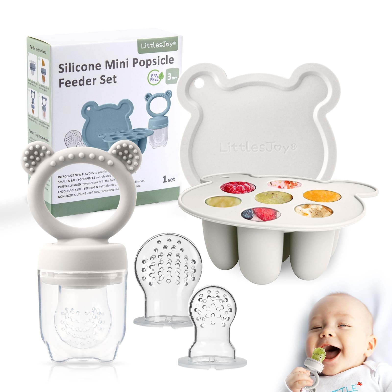 LittlesJoy BPA FREE baby silicone fruit feeder & food feeder pacifier, infant baby breast milk popsicle mold ice cube tray , toddler teething relief teether, food freezer tray , 2pcs addtional pouches (light grey)