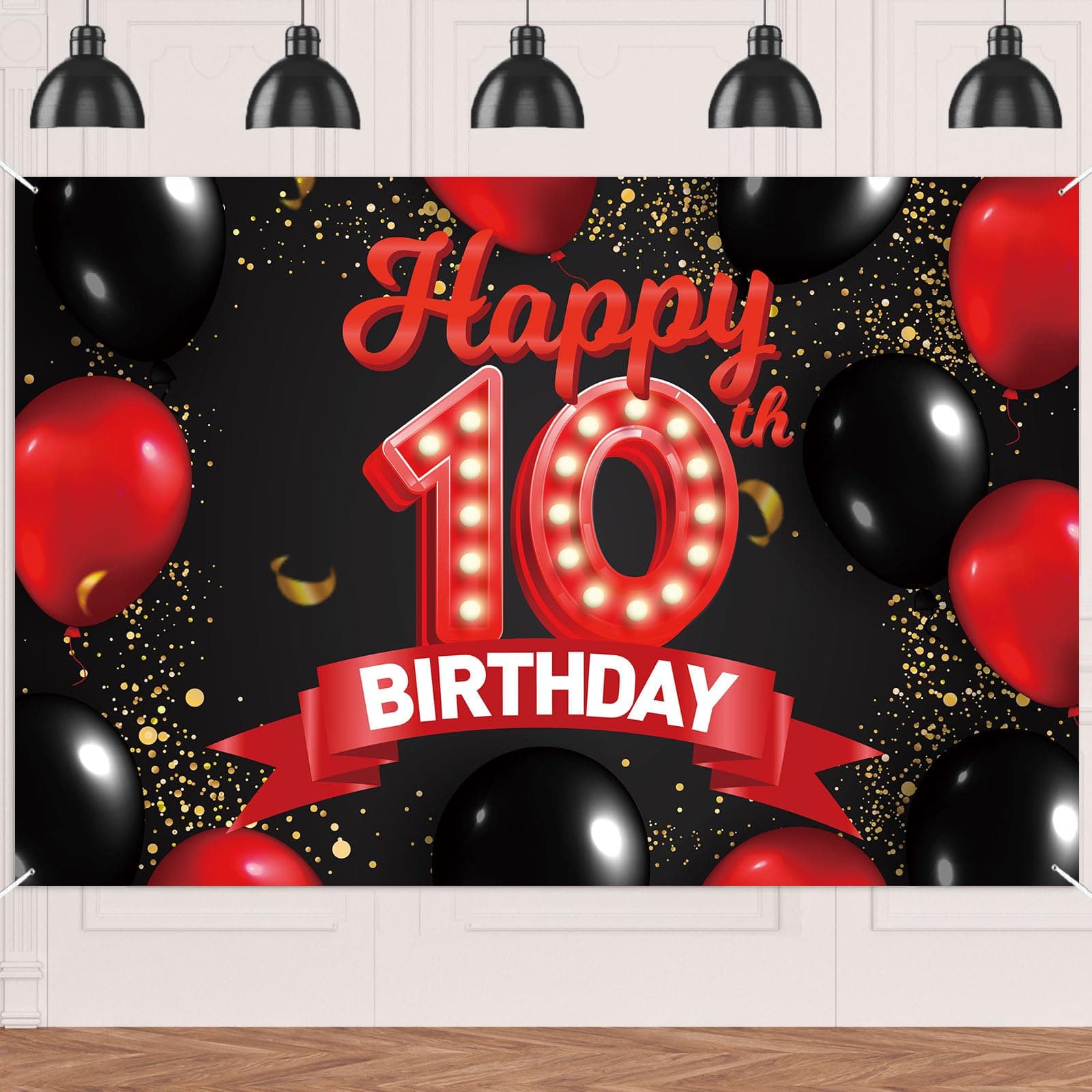 Happy 10th Birthday Red and Black Banner Backdrop Decorations Balloons Theme Decor for Girls Women Princess 10 Years Old Birthday Party Bday Photo Booth Props Supplies Background Favors Glitter Gold