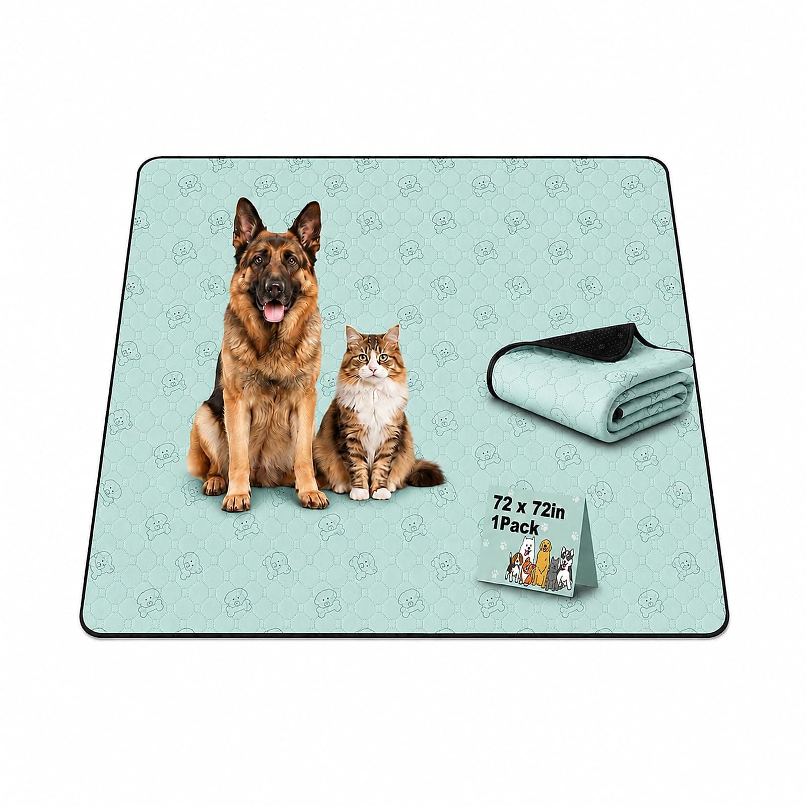 Fomeiodo Washable Pee Pads for Dogs 1 Pack, 72" x 72"(182×182cm), Reusable Puppy Pads, Super Absorbent Waterproof Pet Training Pads with Non-Slip Backing for Crates, Playpens, Beds & Floors, Green