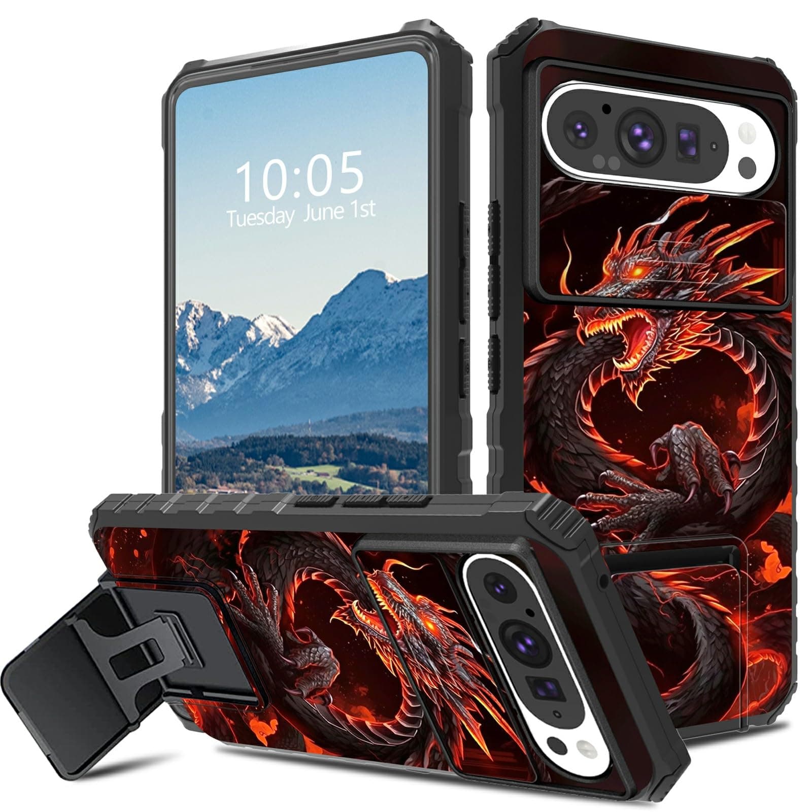 BFDHGQZC for Google Pixel9 Pro XL Case with Stand & Camera Cover Hybrid Dual Layer Heavy Duty Shockproof Protective Case for Pixel 9 Pro XL,Red Dragon