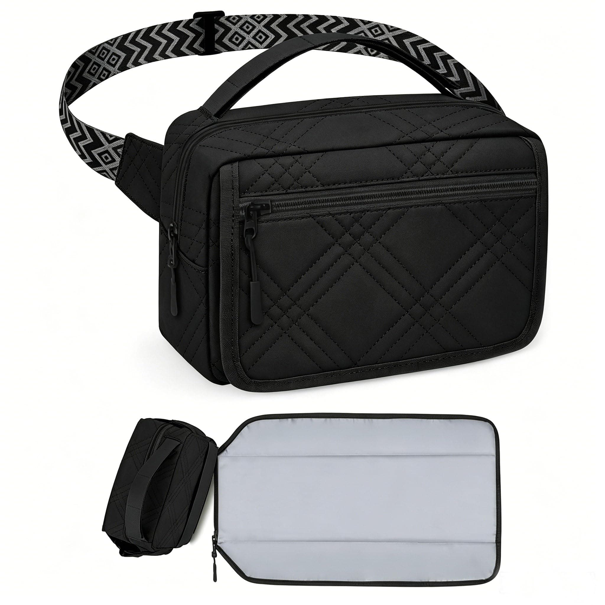 Small Diaper Bag, Stroller Bag for Baby with Portable Changing Pad, Crossbody Mini Diaper Bag Fanny Pack (Quilted Black, Large)