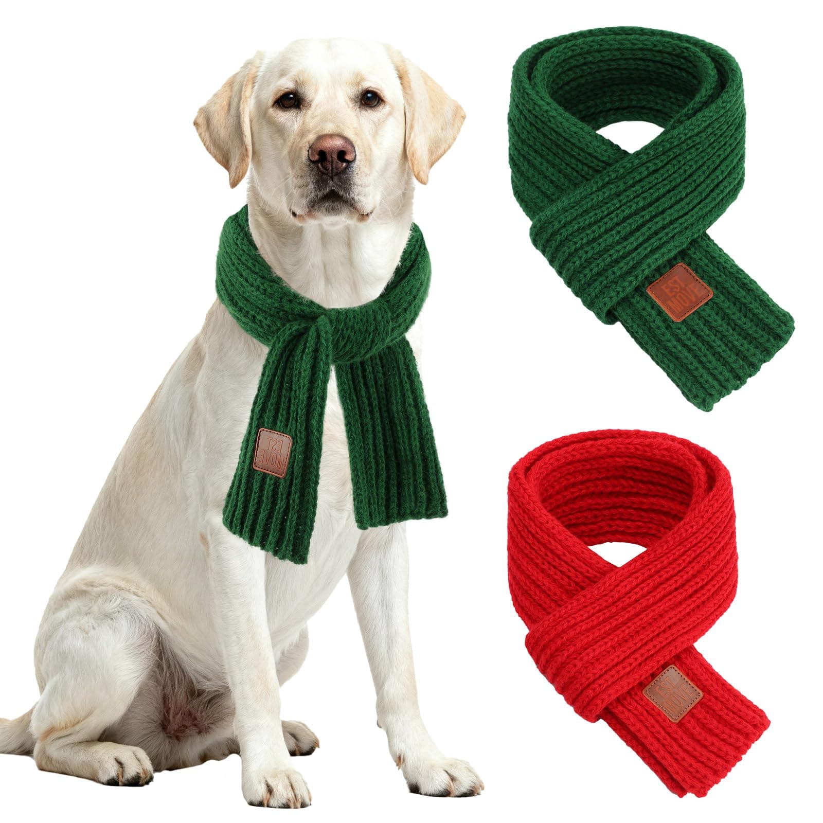 Rypet 2 Pack Christmas Scarf for Medium Large Dogs, Red Green Warm Knitted Fall Winter Bandanas, Pet Winter Holiday Decoration (L, Length 47 in)