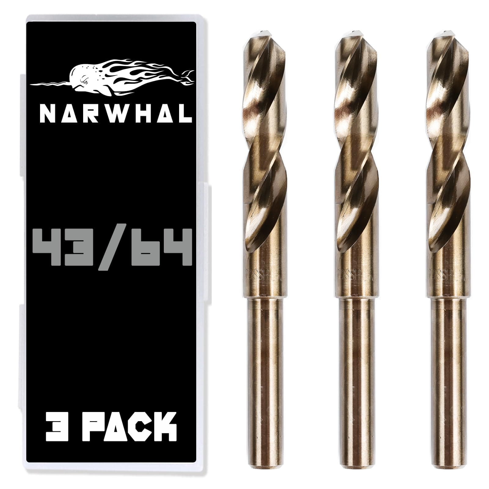 Narwhal 43/64 Cobalt Drill Bits - 3 Pack - 6 Inch Length - M35 Cobalt Drill Bits with Storage Case - Perfect for Metal, Stainless Steel, Cast Iron, and More!