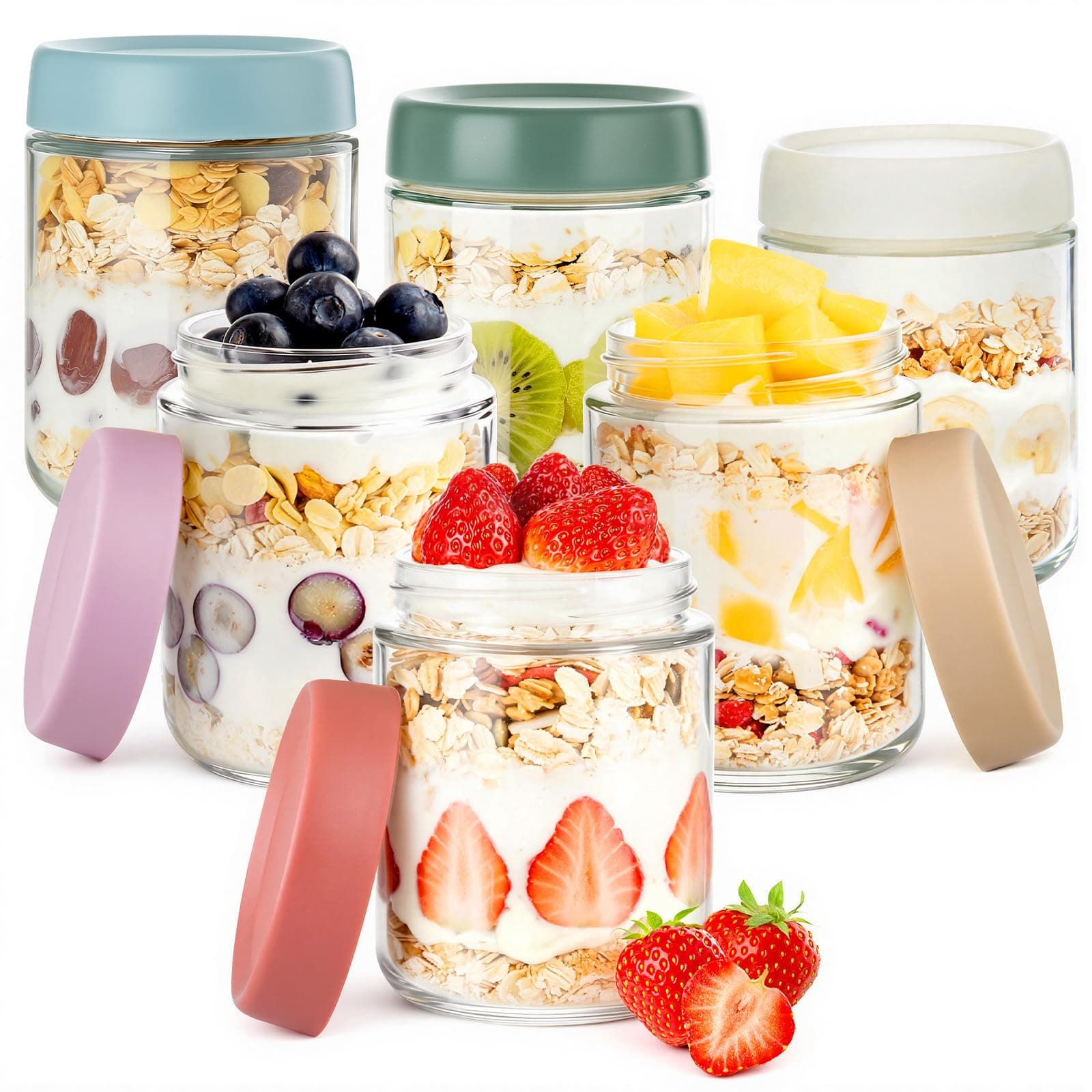 Overnight Oats Jars, Thyme Space 6 pack 500ml/16 oz Overnight Oatmeal Container with Lid for Homemade Yogurt Oatmeal Salad Jam Pudding