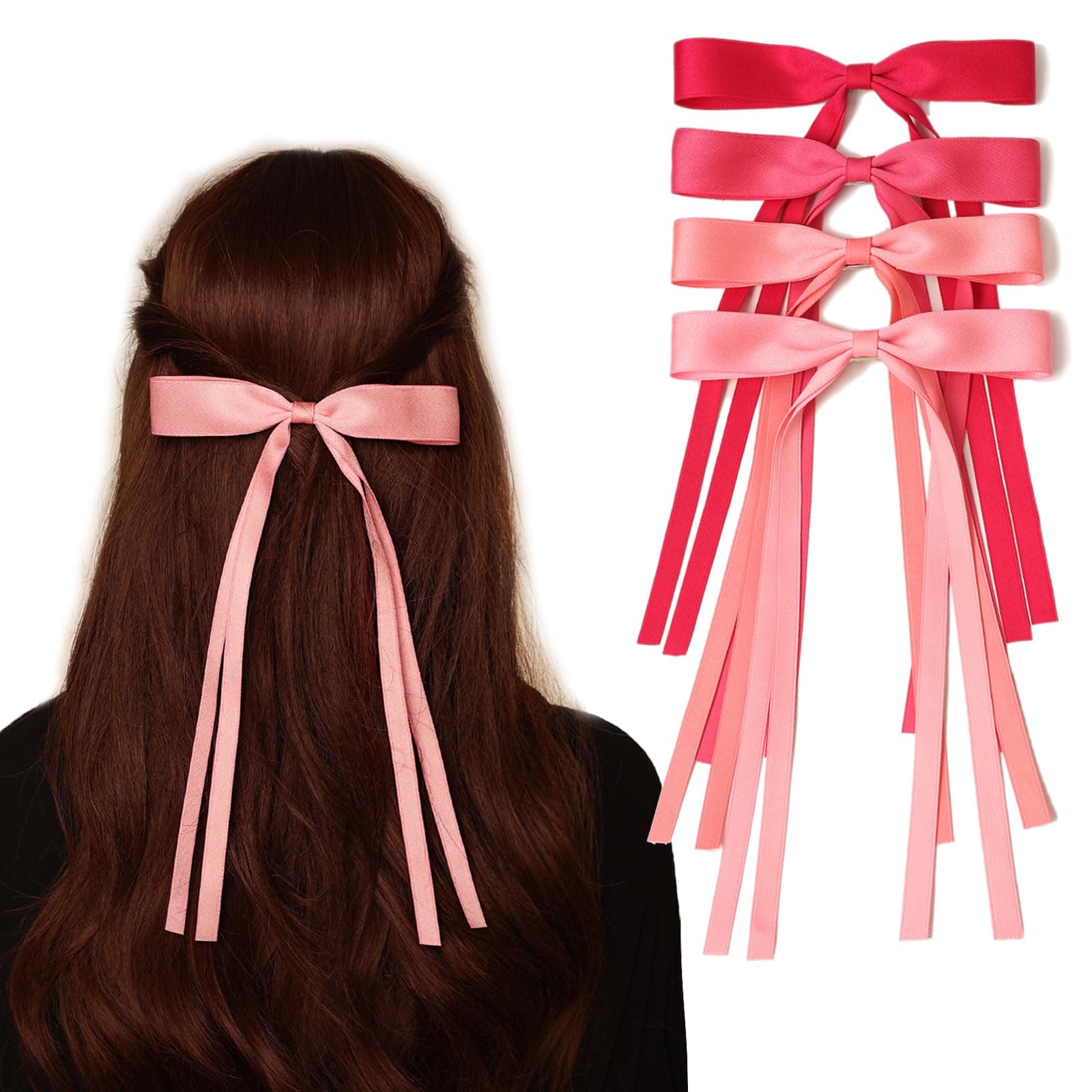 LFOUVRE Hair Accessories, Pink Ribbon Bows with Long Tassels for Hair, Hair Clips for Women and Girls, 4pcs