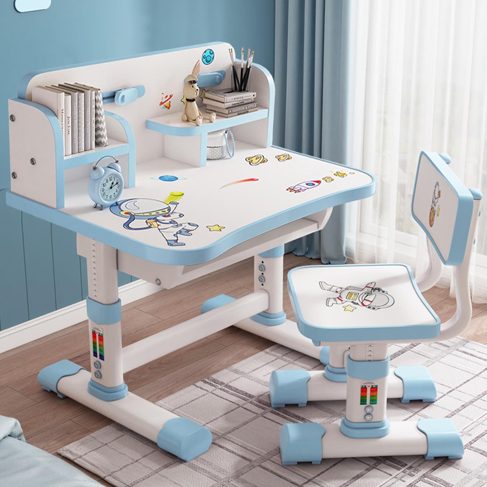 Honrane Kids Desk and Chair Set, Height Adjustable Kids School Study Desks, Wood Cartoon Children Study Desk with Storage Drawer, Large Writing Board, Bookshelf for Boys Girls (Blue)