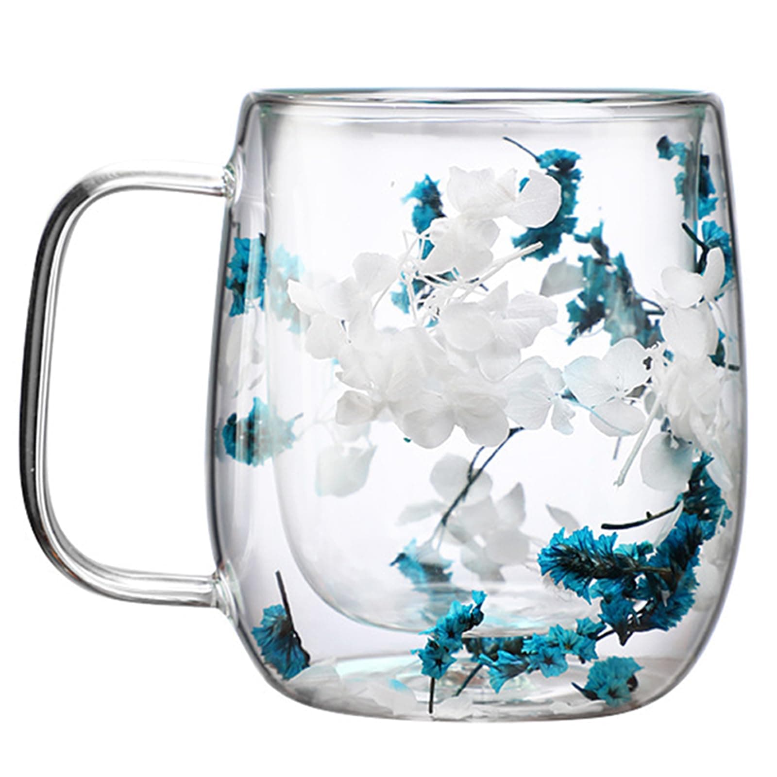Taolivingmart Dried Flowers Double Wall Insulated Coffee Mug, Borosilicate Glass Tea Cup with Real Flower Embedded, Heat Resistant Handle for Christmas Birthday Gifts (blue,13.19oz)