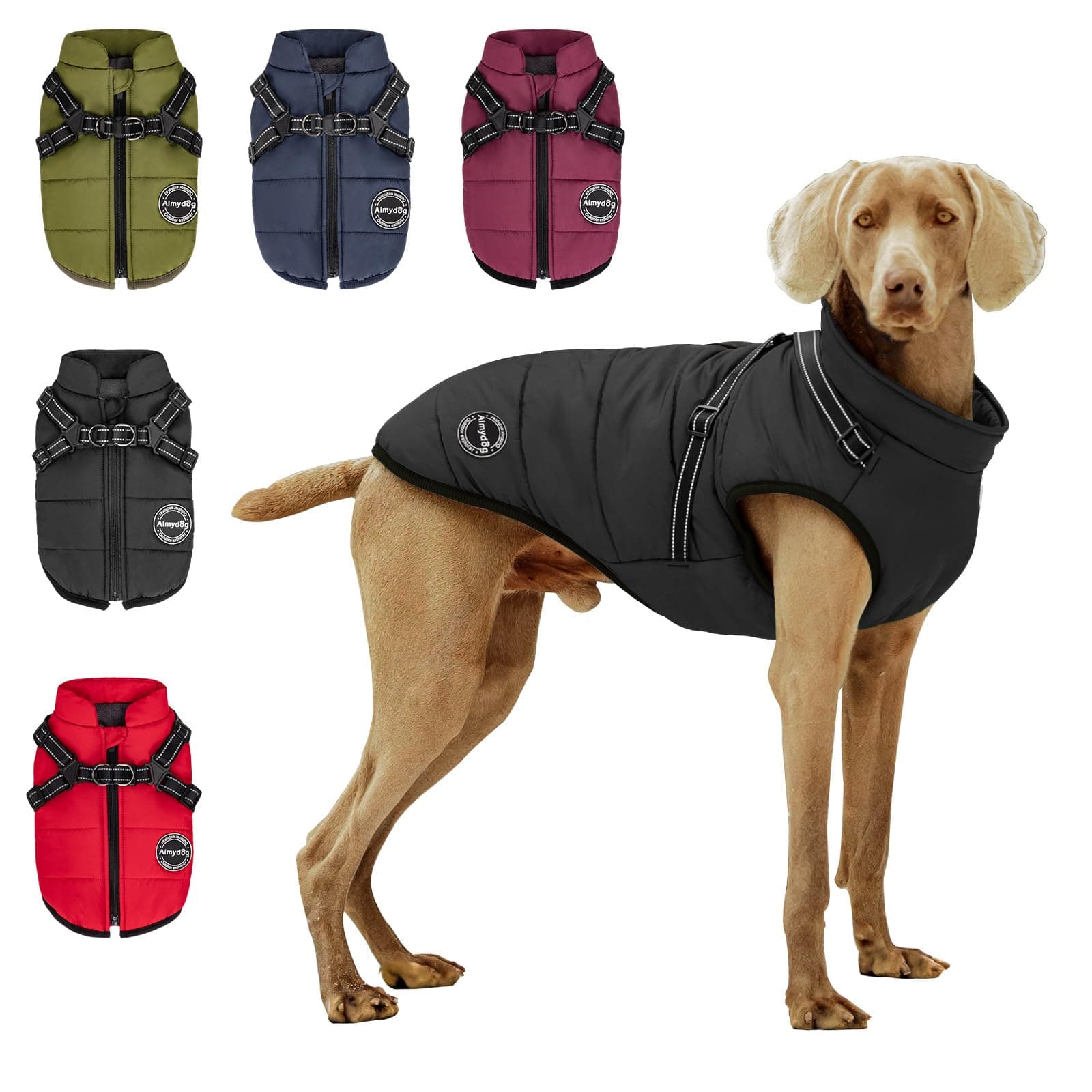 AIMYDOG Dog Winter Coat, Warm Dog Jacket Reflective Adjustable Dog Fleece Vest with Harness Built in, Waterproof Windproof Dog Snow Jacket Snowsuit with Zipper for Small Medium Dogs, Black L