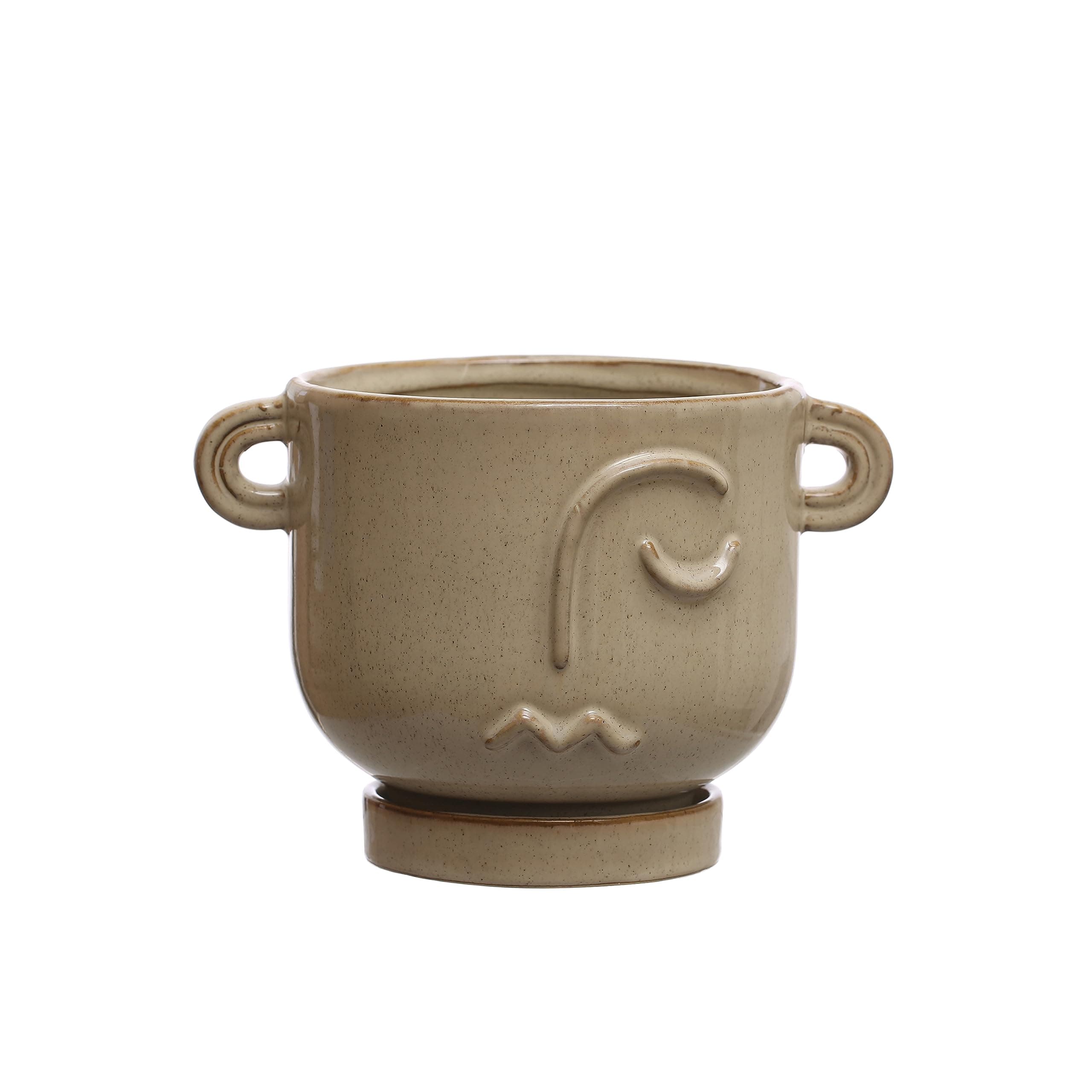 Bloomingville 8.25 Inches Stoneware Face Reactive Glaze, Handles, and Saucer, Holds 5 Inches Pot, Cream Color Speckled, Set of 2 Planter