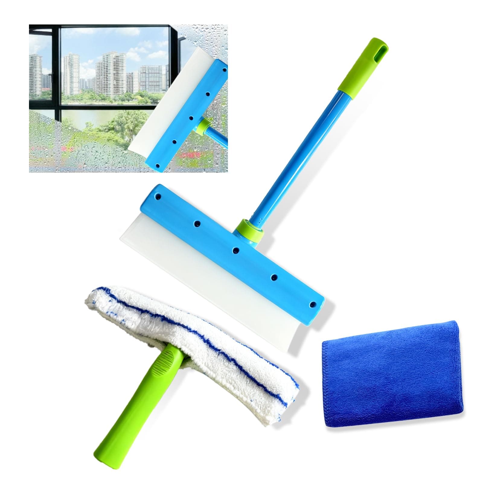 Recyclable Silicone Window Squeegee Kit – 3-in-1 Glass Cleaning Tool with Microfiber Scrubber for Windows, Shower, Mirrors, Doors & Cars (1 Set, Green)