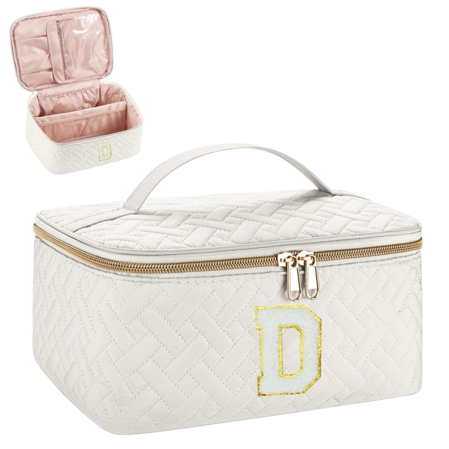JRQCSJY Gifts Initial Makeup Organizer Bag for Girls, Chenille Letter Personalized Cosmetic Bag with Zipper | Preppy Quilted Portable Makeup Pouch Teen Birthday Gifts, Off White, 9.25 x 6.3 x 4.33