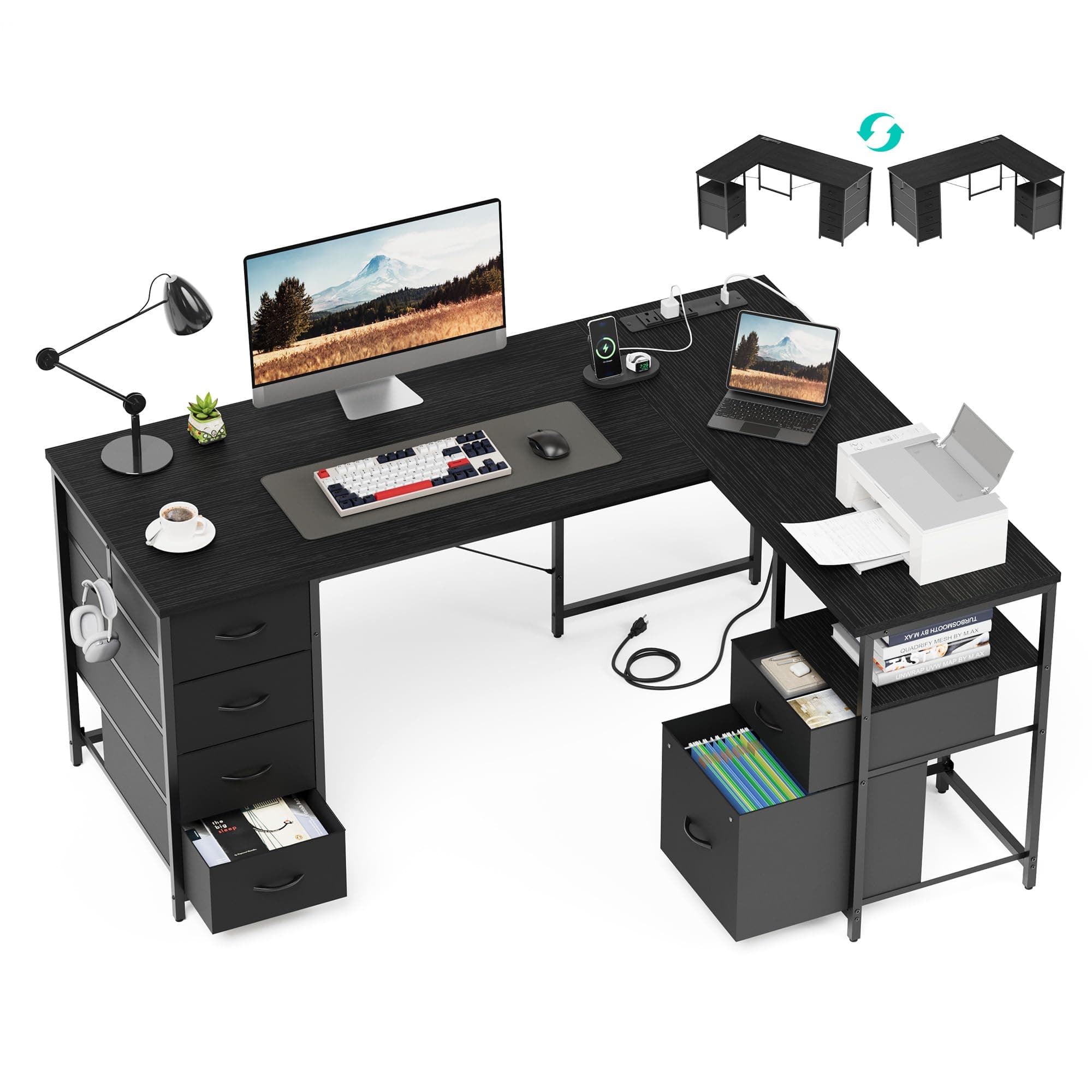 YOUDENOVA 55 Inch L Shaped Office Desk with 6 Drawers & Type-C Port, Black