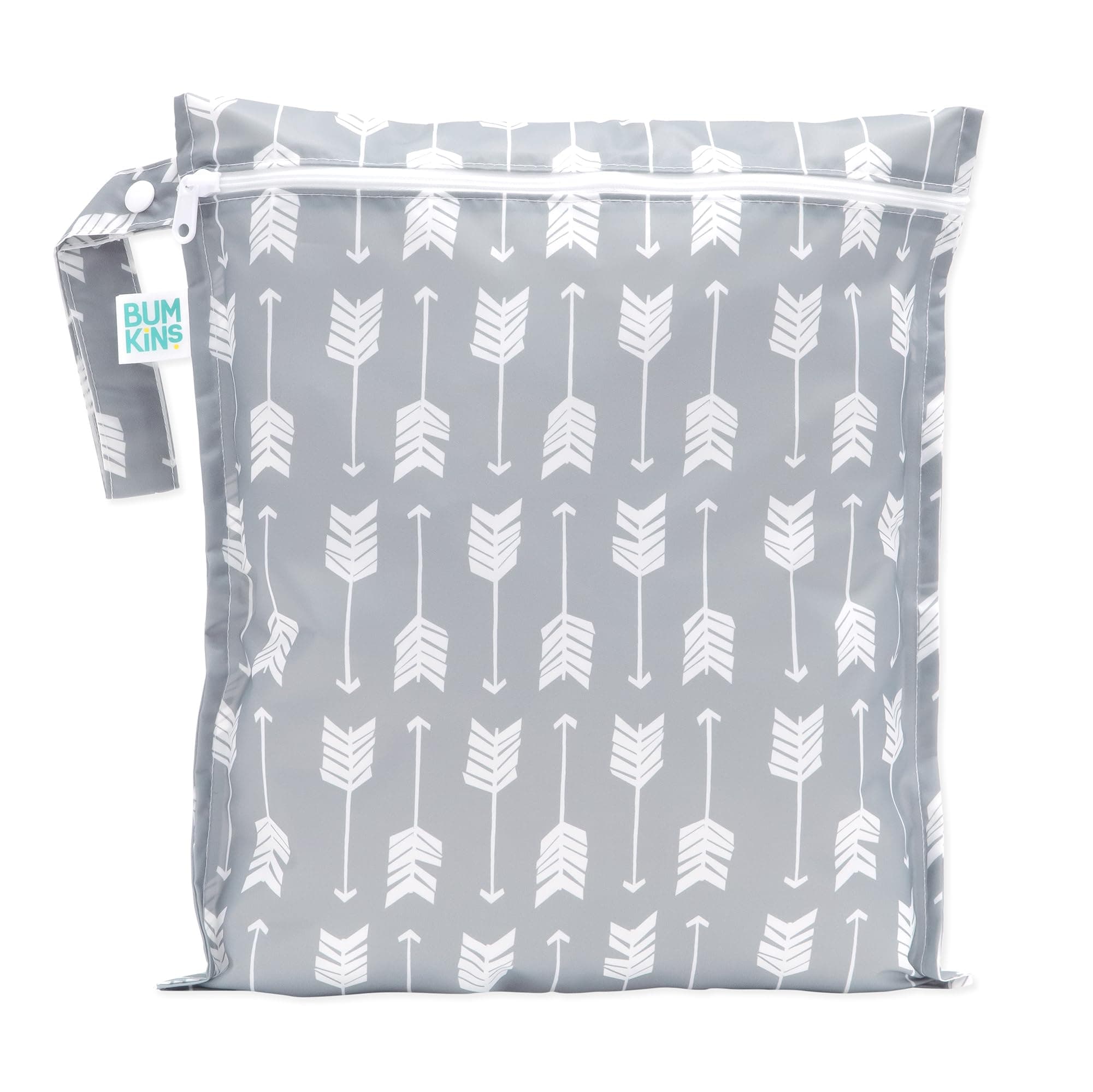Bumkins Waterproof Wet Bag for Baby, Travel, Swim Suit, Cloth Diapers, Pump Parts, Pool, Beach, Gym Clothes, Toiletry, Hook to Stroller, Daycare, Zipper Reusable Wetdry Packing Pouch, Gray Arrows