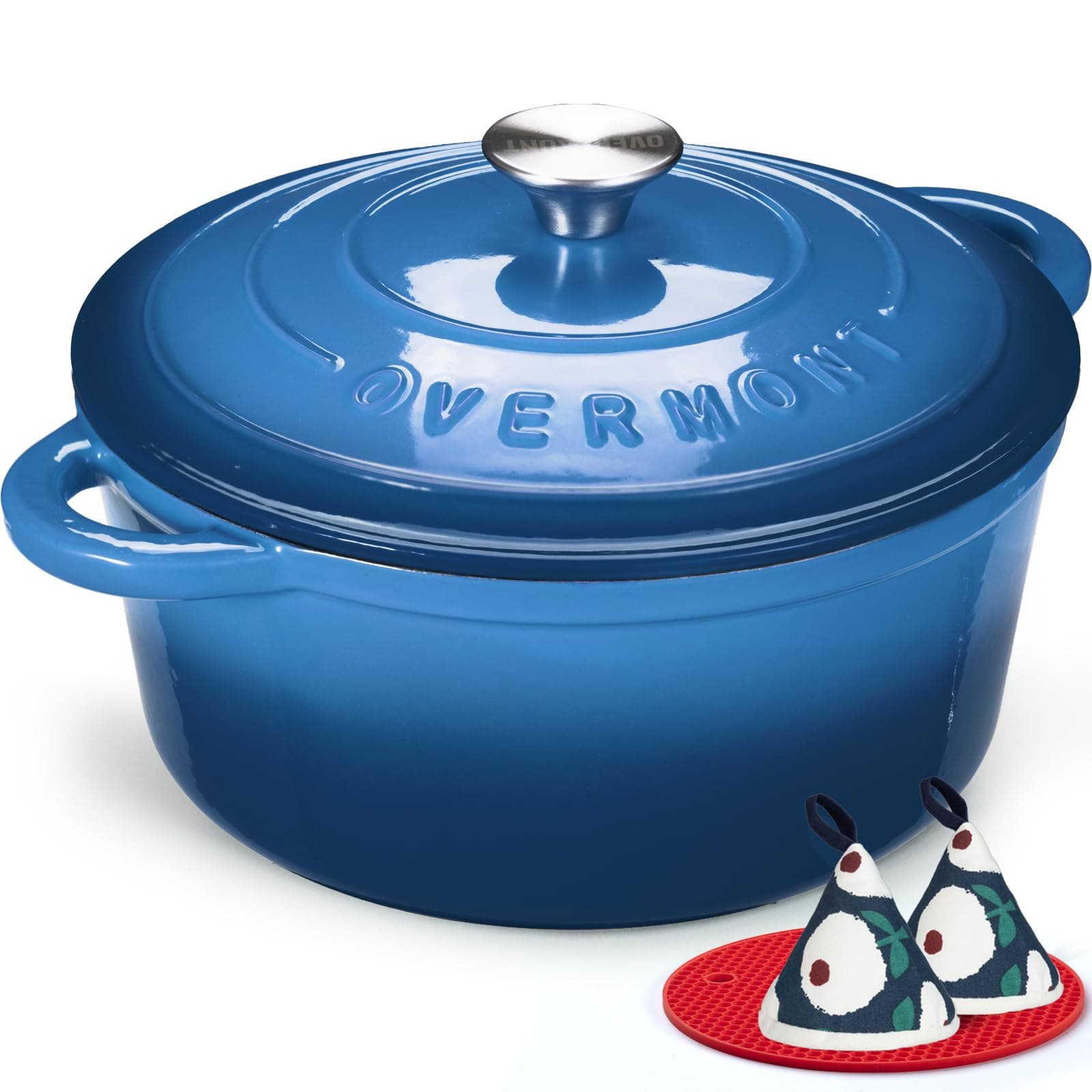 Overmont 4.5QT Enameled Cast Iron Dutch Oven - Cookware with Cookbook Cotton Heat-resistant Caps-Heavy-Duty Enamel Pot with Lid for Braising Stews Roasting Bread Baking Midnightblue