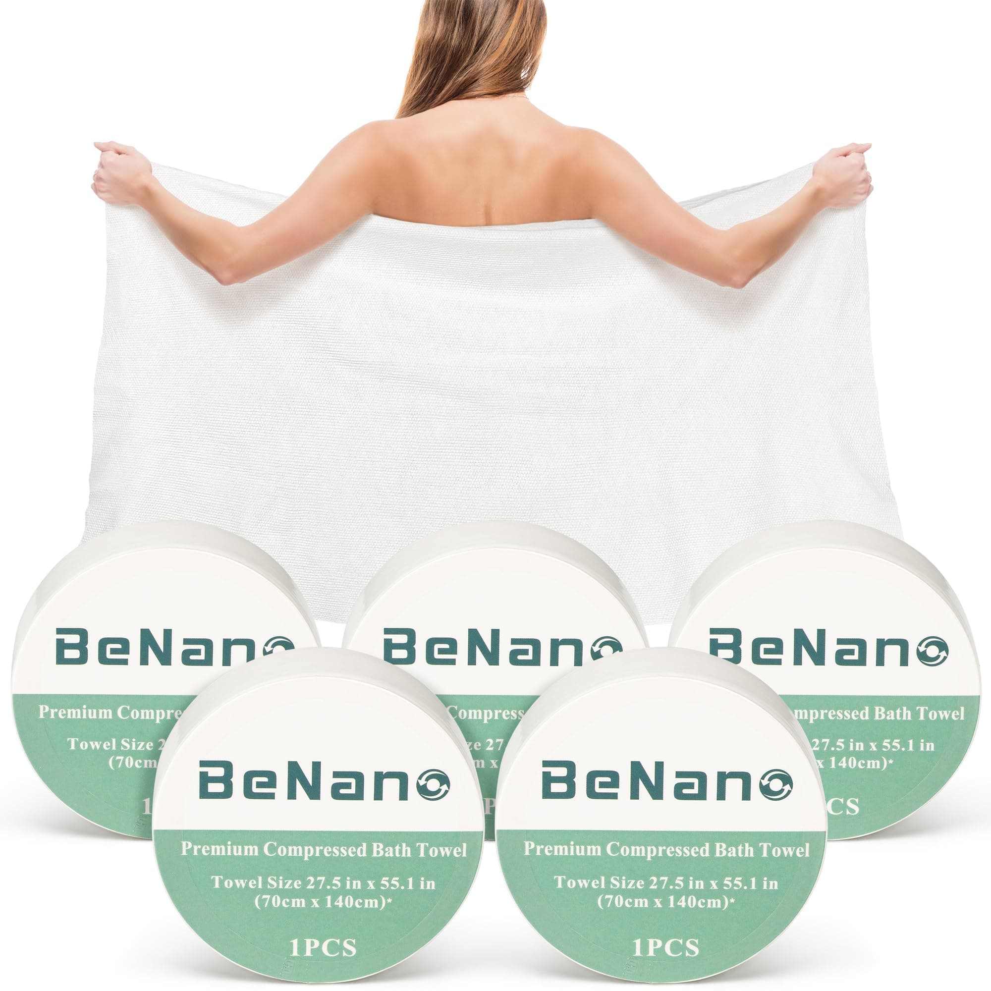 Benano Premium Compressed Bath Towel Travel Towel 140cm x 70cm, 5 Pack, White, Eco-friendly, USDA Biobased Certified